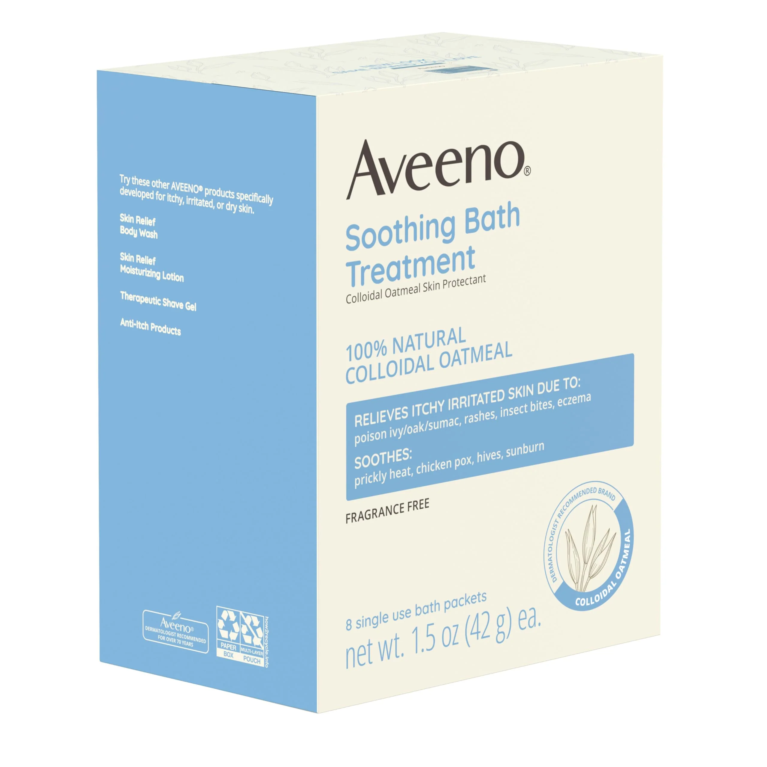 Aveeno Fragrance-Free Soothing Bath Treatment & Soak for Soothing Relief, 100% Natural Colloidal Oatmeal, Relieves Itchy, Irritated Skin Due to Eczema, 8 Single-Use Bath Packets - Image 6