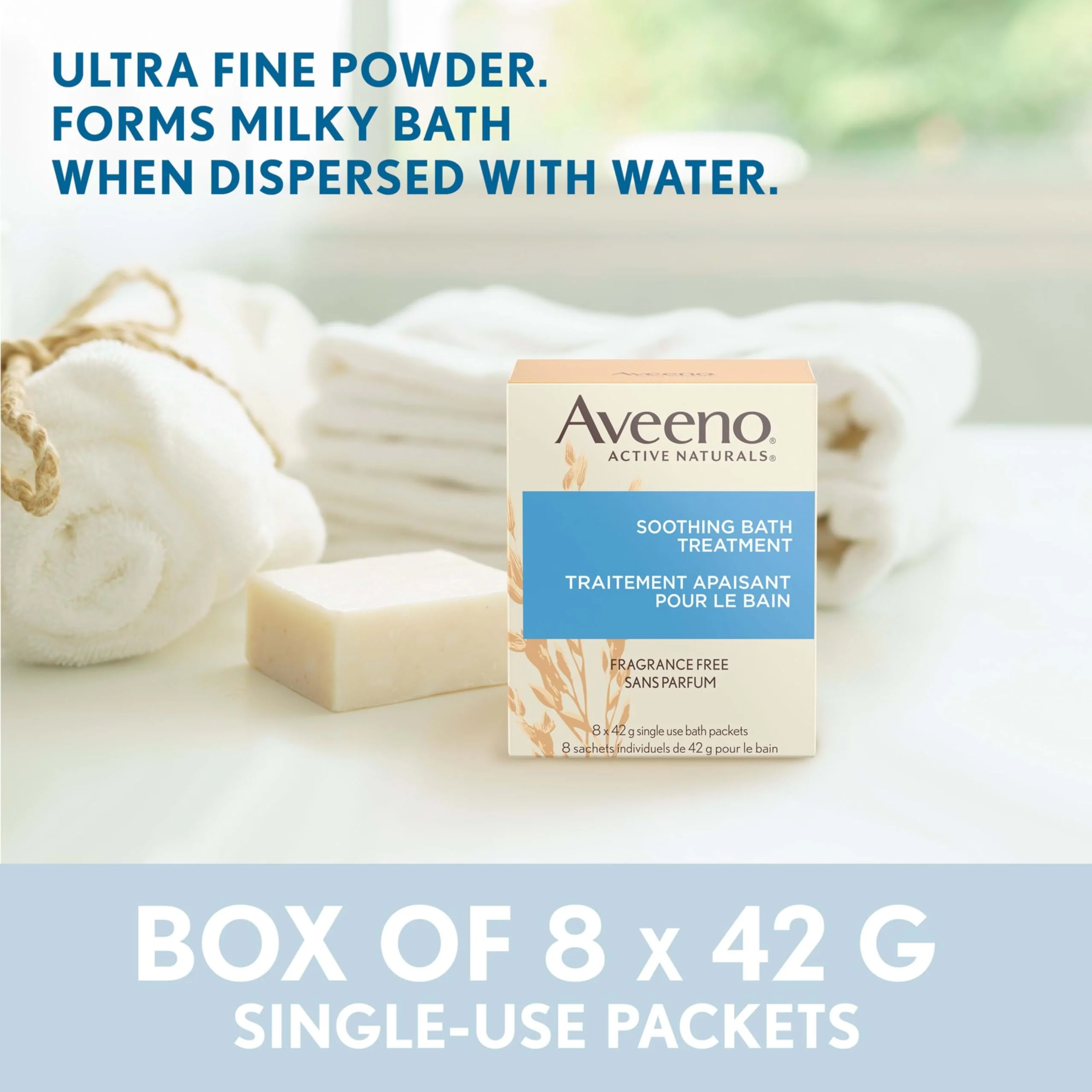 Aveeno Fragrance-Free Soothing Bath Treatment & Soak for Soothing Relief, 100% Natural Colloidal Oatmeal, Relieves Itchy, Irritated Skin Due to Eczema, 8 Single-Use Bath Packets - Image 7