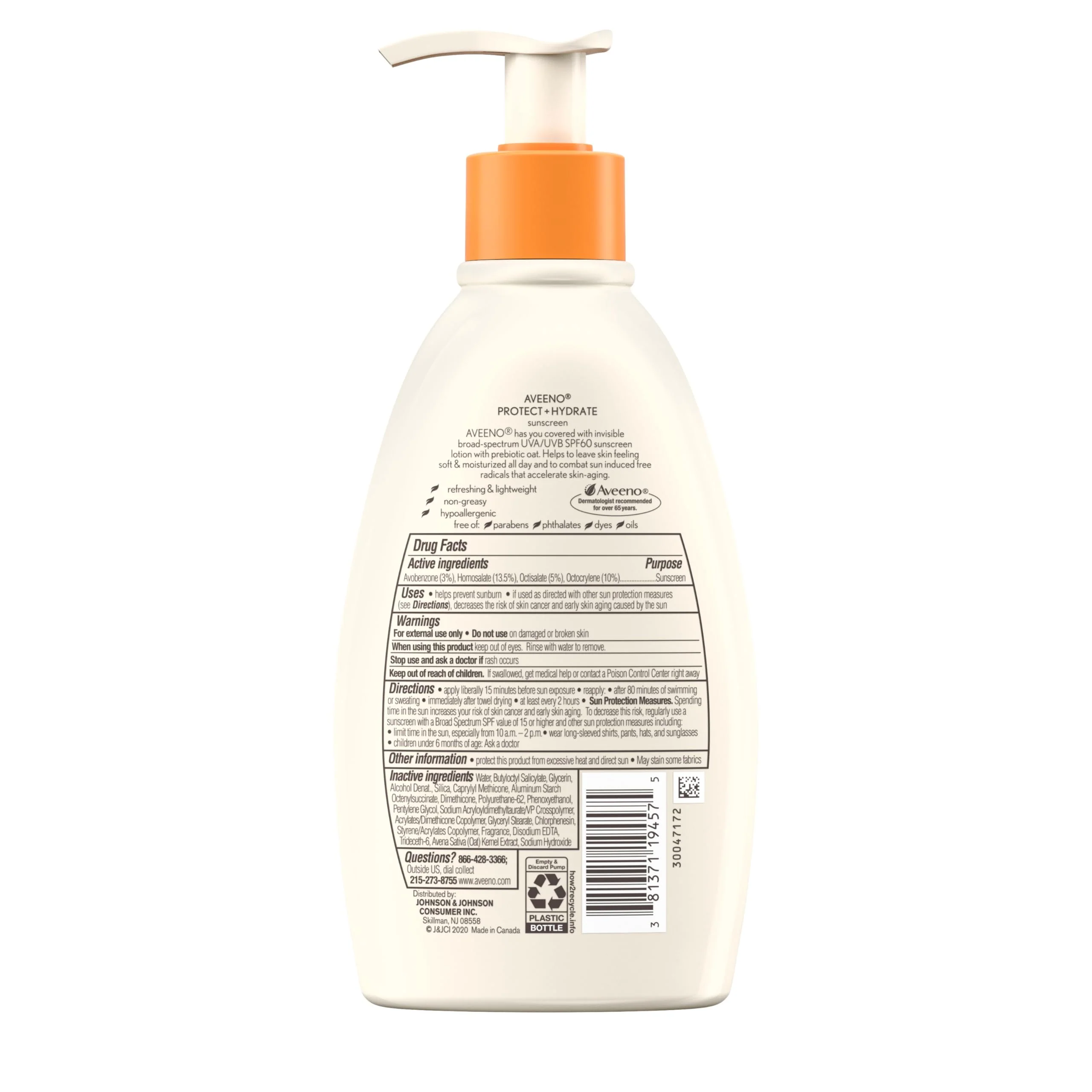 Aveeno Protect + Hydrate Sunscreen Moisturizing Lotion with Prebiotic Oat, Broad Spectrum SPF60, Paraben, & Oil Free, Weightless, Water & Sweat Resistant (80-min) for Sensitive Skin, 12 Fl Oz - Image 2