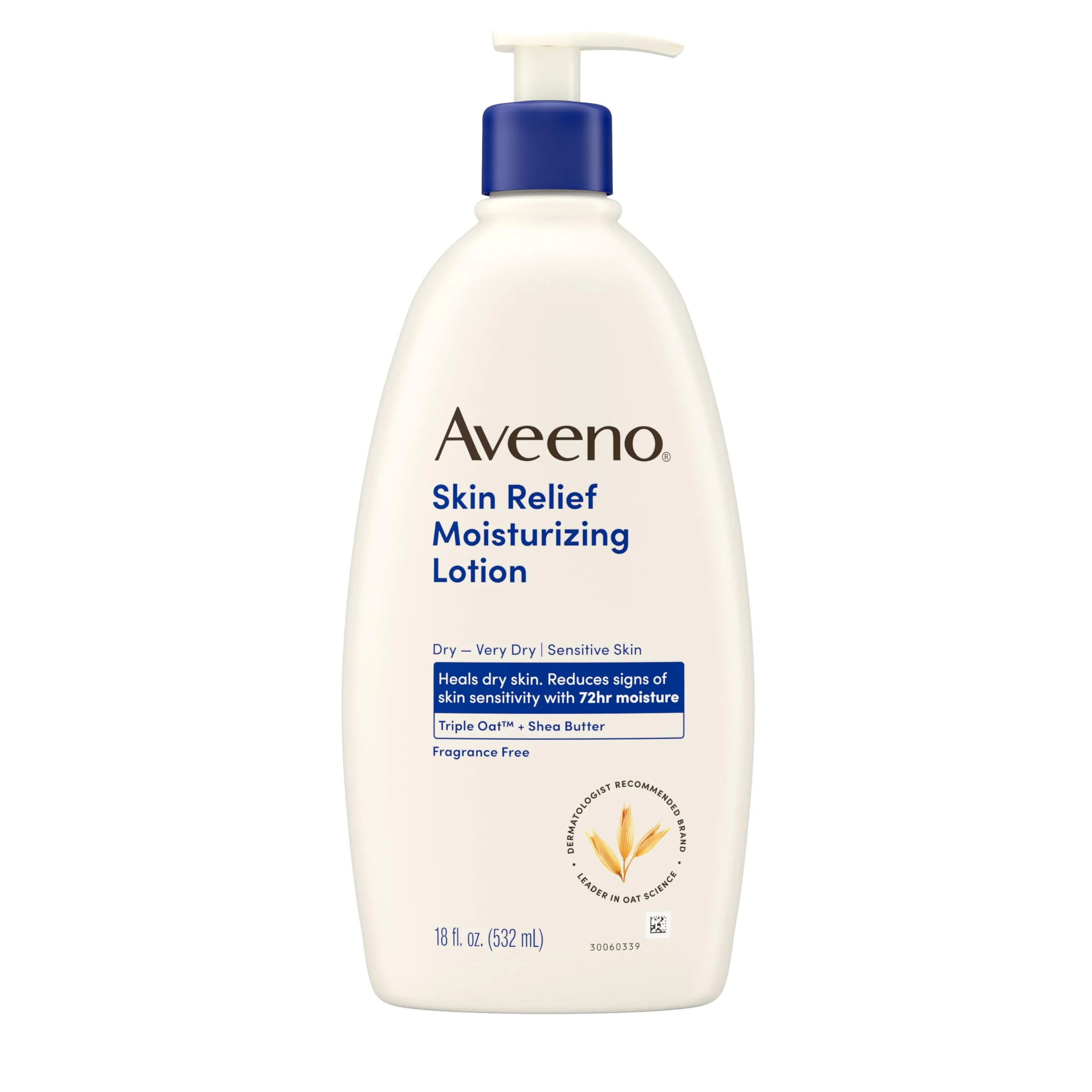 Aveeno Skin Relief Moisturizing Lotion Heals Very Dry, Sensitive Skin, Fast-Absorbing Body Lotion with Soothing Triple Oat & Shea Butter Formula, Fragrance Free, Non-Comedogenic, 18 fl. oz
