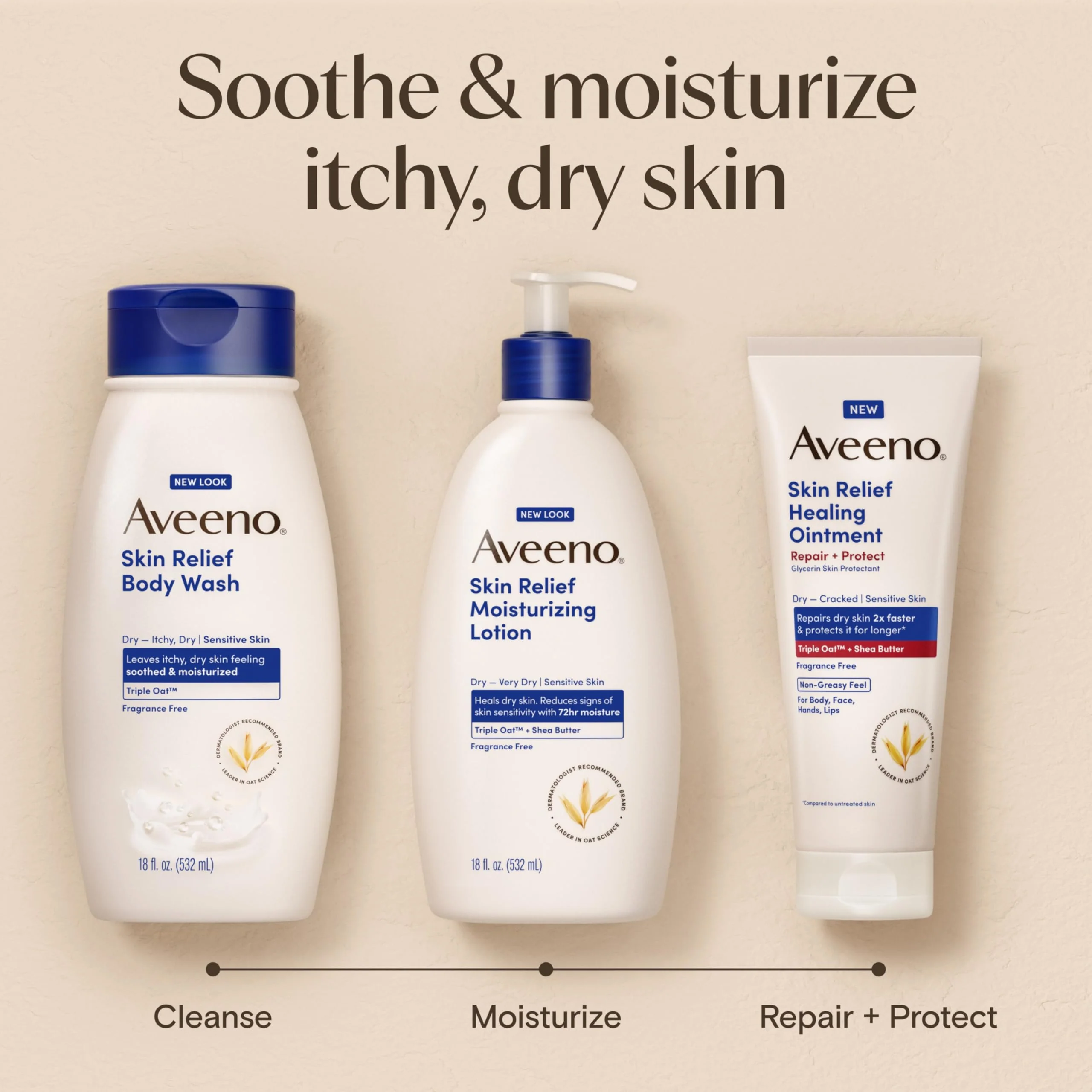 Aveeno Skin Relief Moisturizing Lotion Heals Very Dry, Sensitive Skin, Fast-Absorbing Body Lotion with Soothing Triple Oat & Shea Butter Formula, Fragrance Free, Non-Comedogenic, 18 fl. oz - Image 3