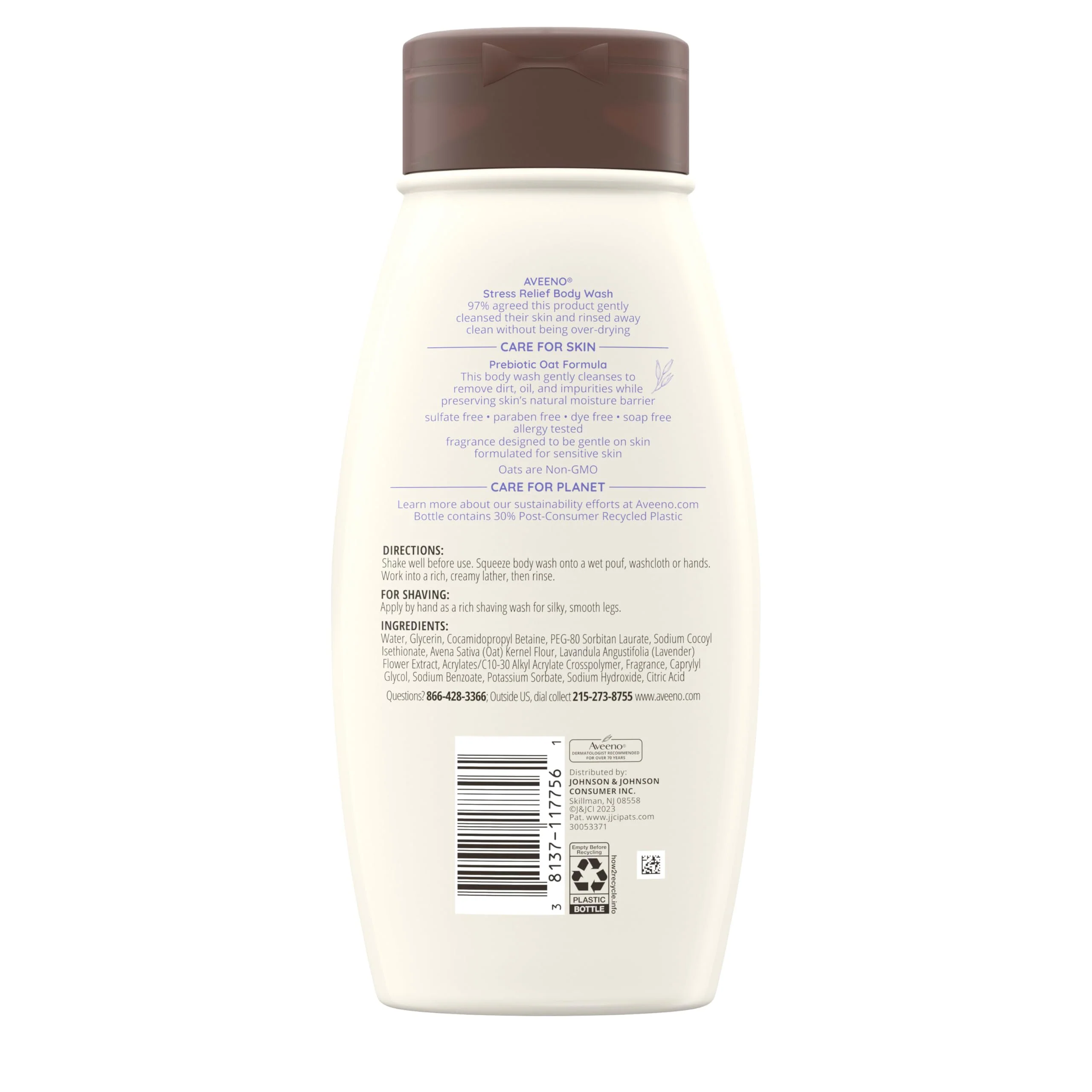Aveeno Stress Relief Body Wash with Nourishing Oat & Lavender Scent for Sensitive Skin, Gently Cleanses & Helps You Feel Calm & Relaxed in the Shower, Soap-Free, Twin Pack, 2 x 18 fl. oz - Image 2