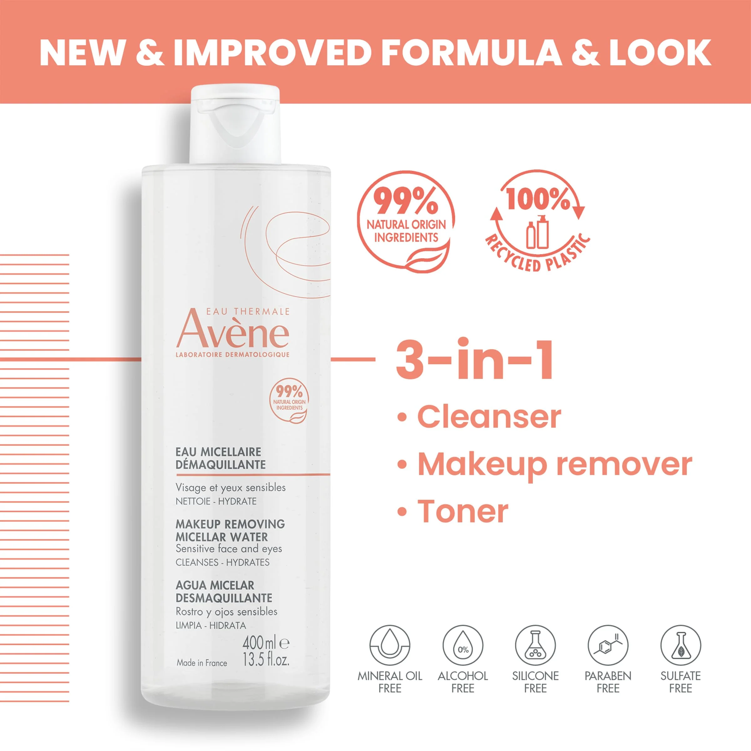 Avène Micellar Lotion Cleansing Water - Soap-Free 3-in-1 Cleanser, Toner, Make-up Remover - All Skin Types - Non-Comedogenic -16.8 Fl Oz - Image 5