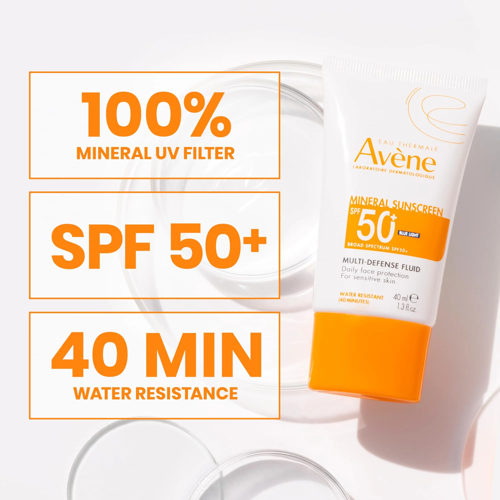 Avène Mineral Sunscreen Multi-Defense Fluid SPF 50+, Clean Formula Sunscreen for Sensitive Skin, Sheer, Water Resistant, Non-Whitening, Antioxidant Protection, 1.3 Fl Oz - Image 5