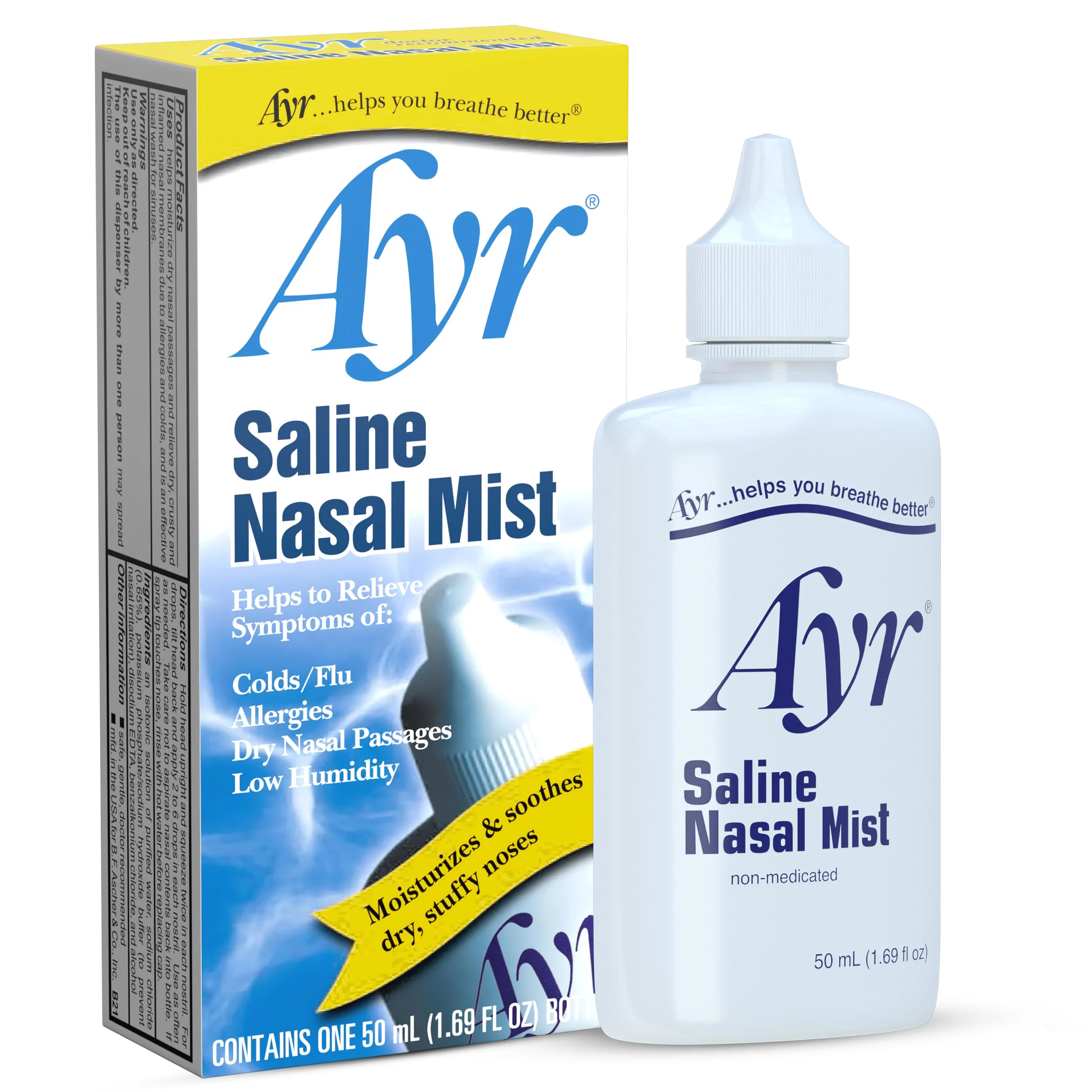 Ayr Saline Nasal Mist Spray 50 mL â€“ Non Medicated Nasal Moisturizer for Dry Nasal Passages Cold and Allergy Relief (Pack of 2) - Image 2