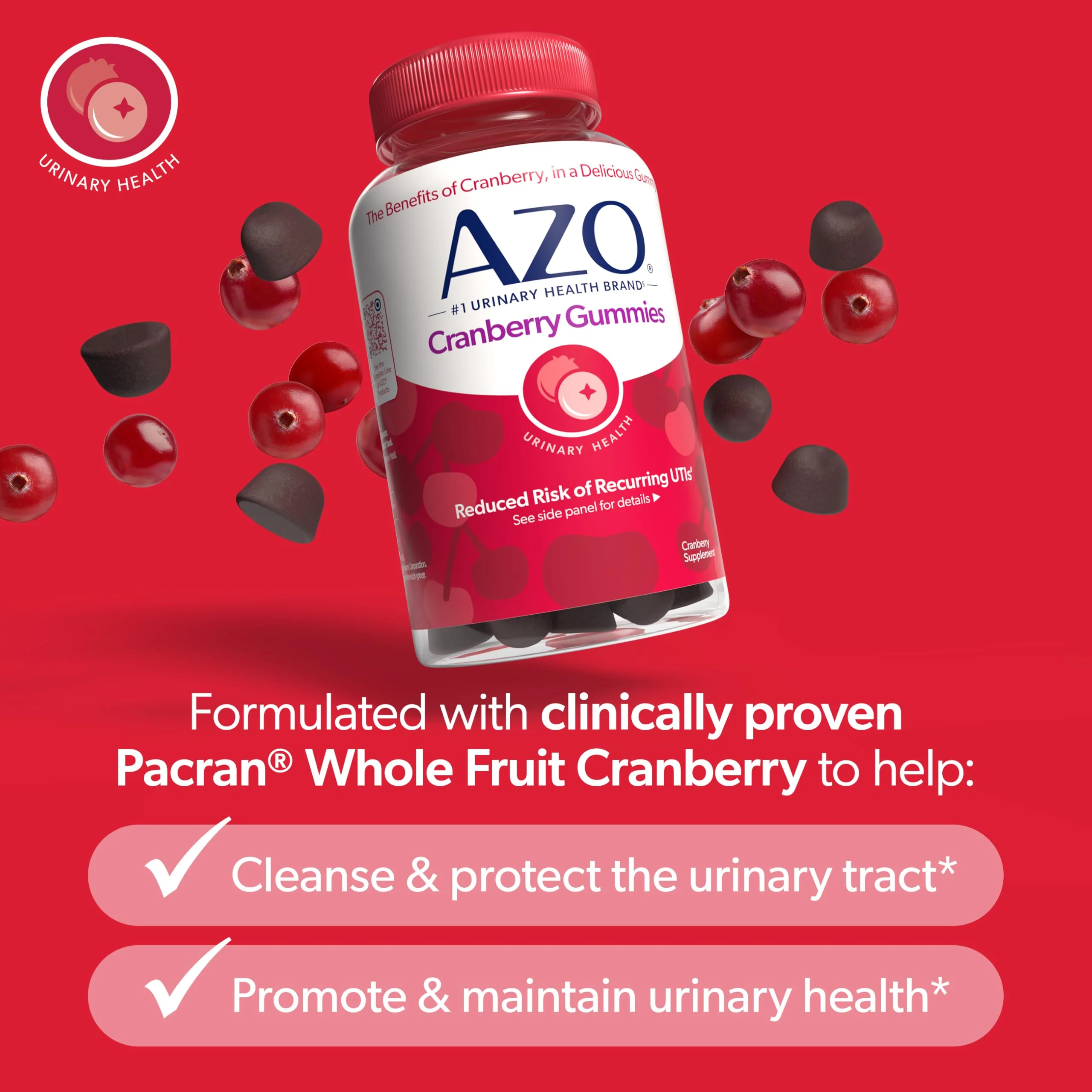 AZO Cranberry Urinary Tract Health Gummies Dietary Supplement, 2 Gummies = 1 Glass of Cranberry Juice, Helps Cleanse & Protect, Natural Berrylicious Flavor, Non-GMO, 72 Gummies - Image 8