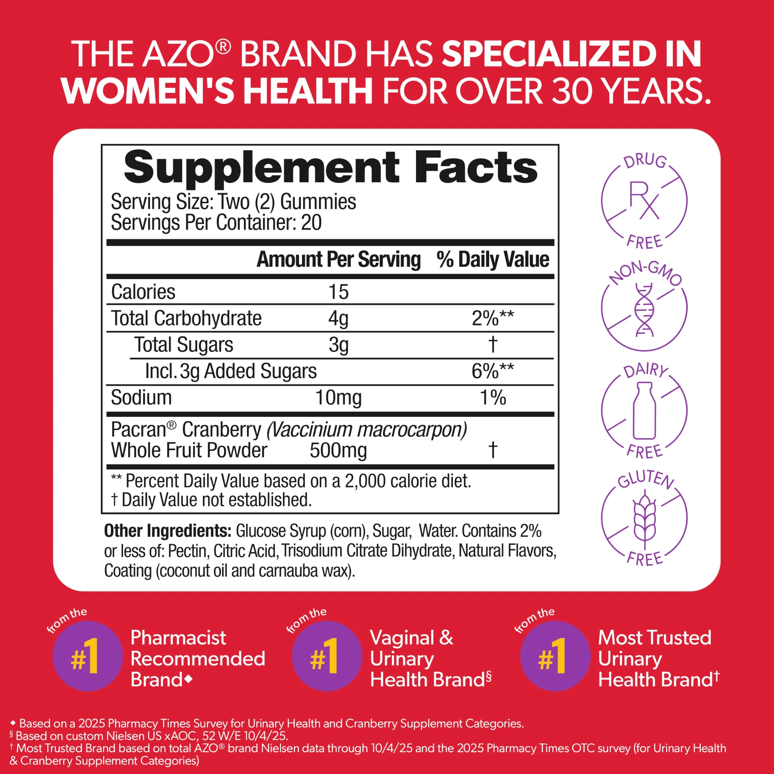 AZO Cranberry Urinary Tract Health Gummies Dietary Supplement 2 Gummies = Glass Cranberry Juice Helps Cleanse Protect Natural Berrylicious Flavor Gummies, Non-GMO, 40 Count - Image 9