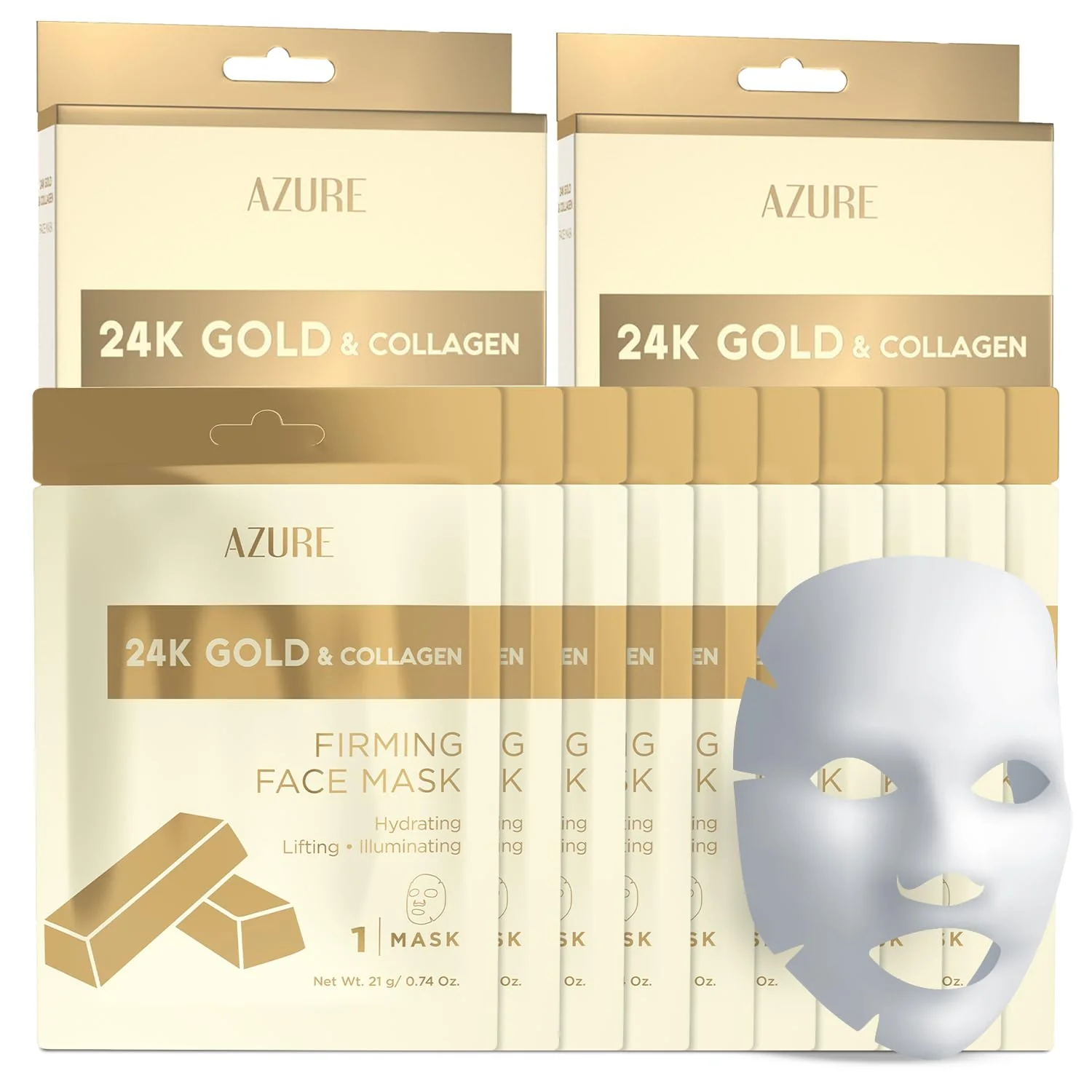 Azure Cosmetics 24K Gold Firming Face Mask- Anti Aging, Hydrating, Toning & Firming Facial Sheet - Helps Reduce Wrinkles & Fine Lines - With Hyaluronic Acid & Collagen - Made in Korea - Pack of 5 - Image 4