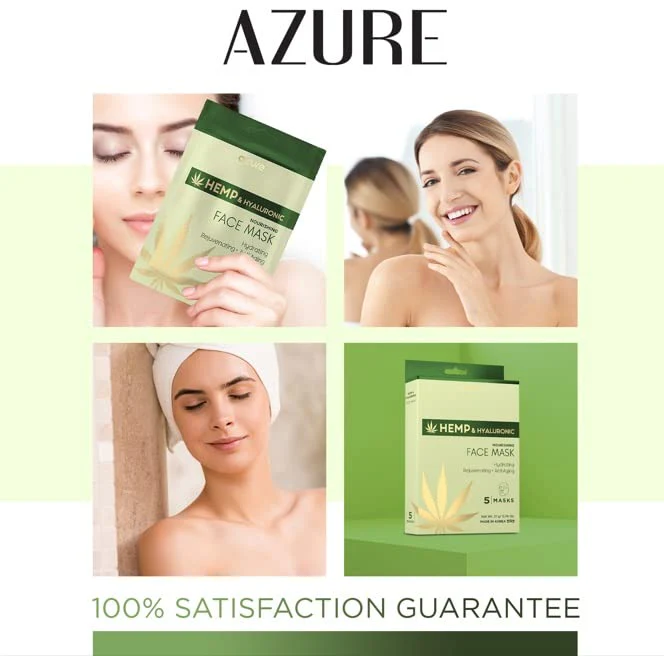 Azure Cosmetics Hemp Oil & Hyaluronic Acid Nourishing Facial Sheet - Anti Aging, Rejuvenating & Deeply Hydrating Mask - Reduces Fine Lines & Wrinkles, Locks in Moisture - Korean Skin Care - Pack of 5 - Image 2
