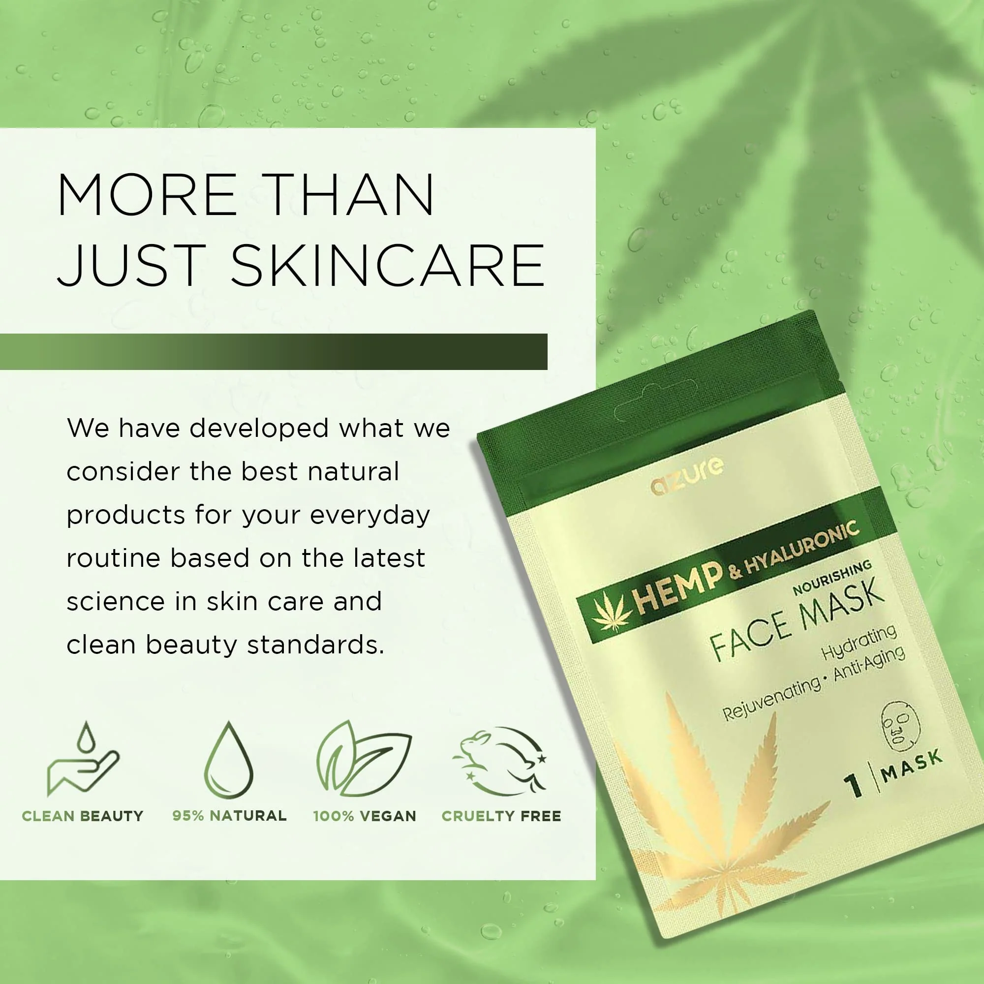 Azure Cosmetics Hemp Oil & Hyaluronic Acid Nourishing Facial Sheet - Anti Aging, Rejuvenating & Deeply Hydrating Mask - Reduces Fine Lines & Wrinkles, Locks in Moisture - Korean Skin Care - Pack of 5 - Image 3