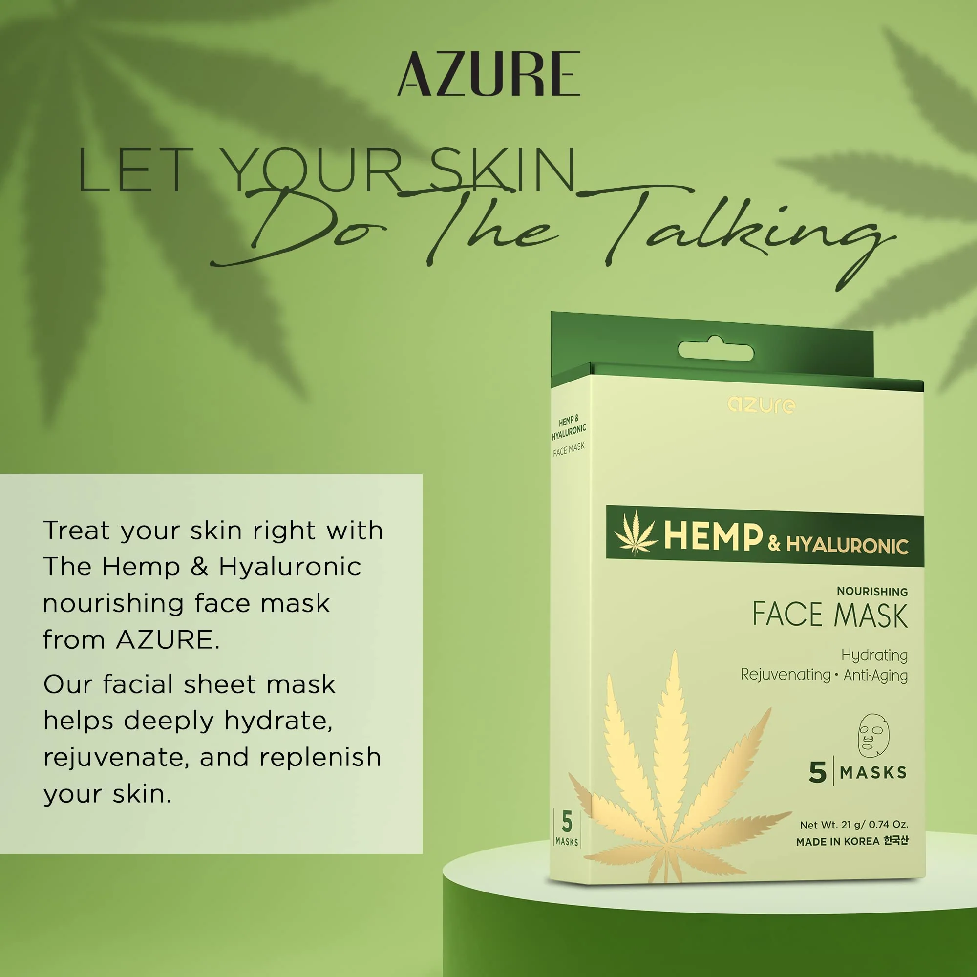 Azure Cosmetics Hemp Oil & Hyaluronic Acid Nourishing Facial Sheet - Anti Aging, Rejuvenating & Deeply Hydrating Mask - Reduces Fine Lines & Wrinkles, Locks in Moisture - Korean Skin Care - Pack of 5 - Image 5