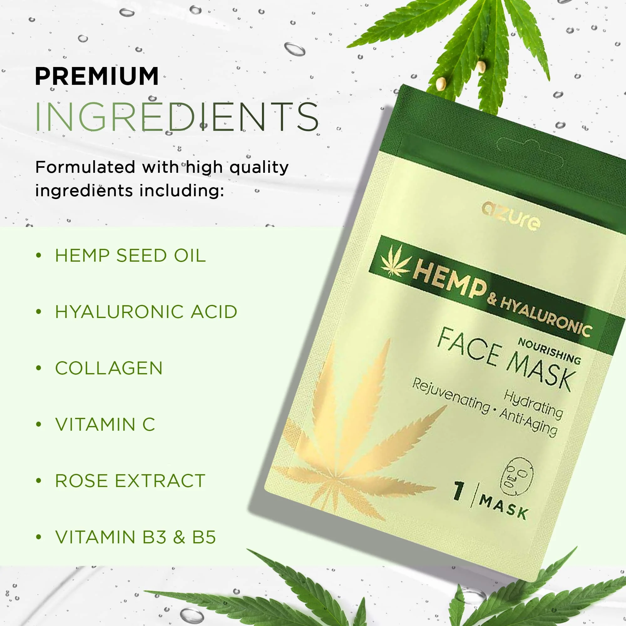 Azure Cosmetics Hemp Oil & Hyaluronic Acid Nourishing Facial Sheet - Anti Aging, Rejuvenating & Deeply Hydrating Mask - Reduces Fine Lines & Wrinkles, Locks in Moisture - Korean Skin Care - Pack of 5 - Image 6