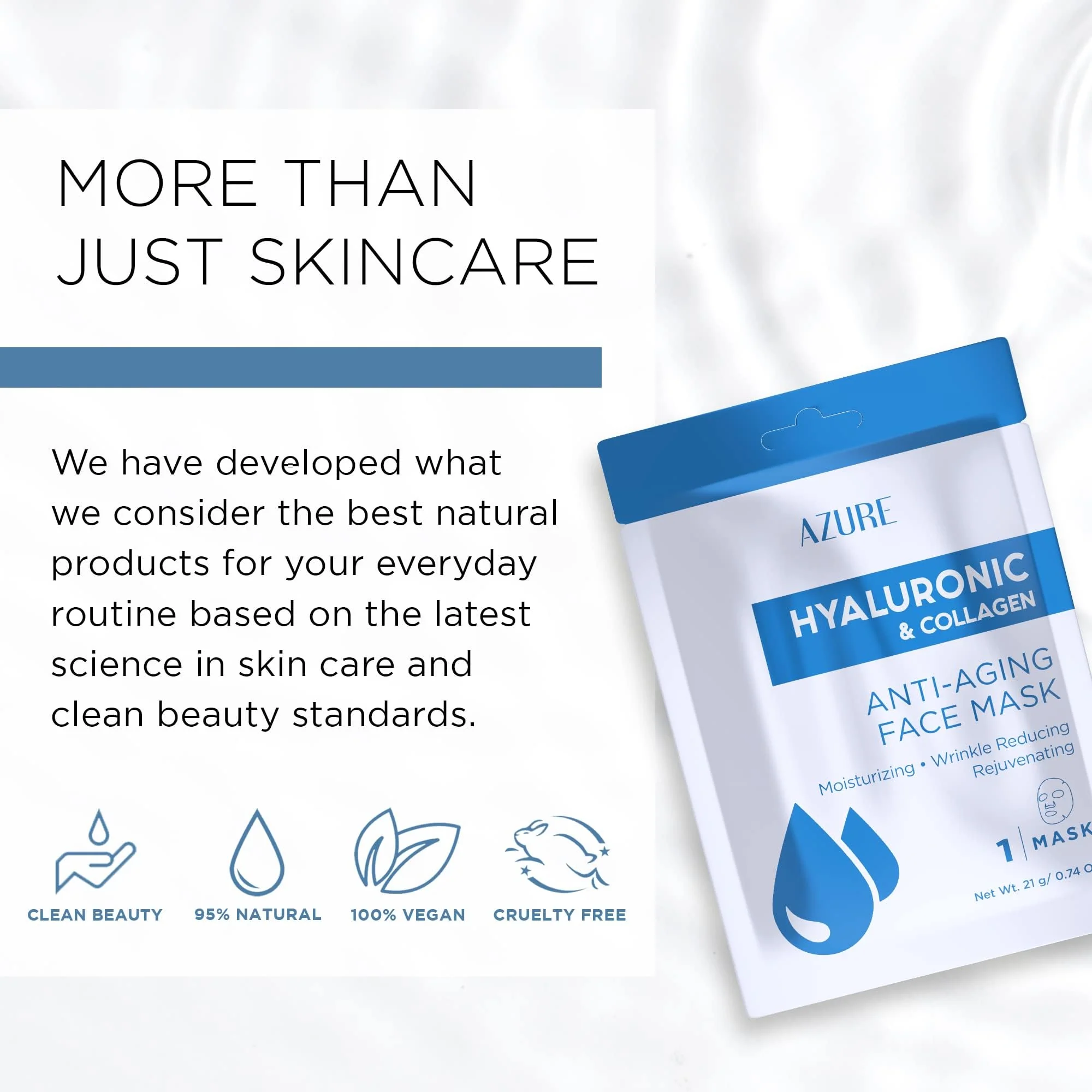 Azure Cosmetics Hyaluronic Acid & Collagen Anti Aging Sheet Facial Mask - Rejuvenating & Moisturizing Face - Helps Reduce Fine Lines & Wrinkles, Tightens & Smooths - Made in Korea - Pack of 5 - Image 2