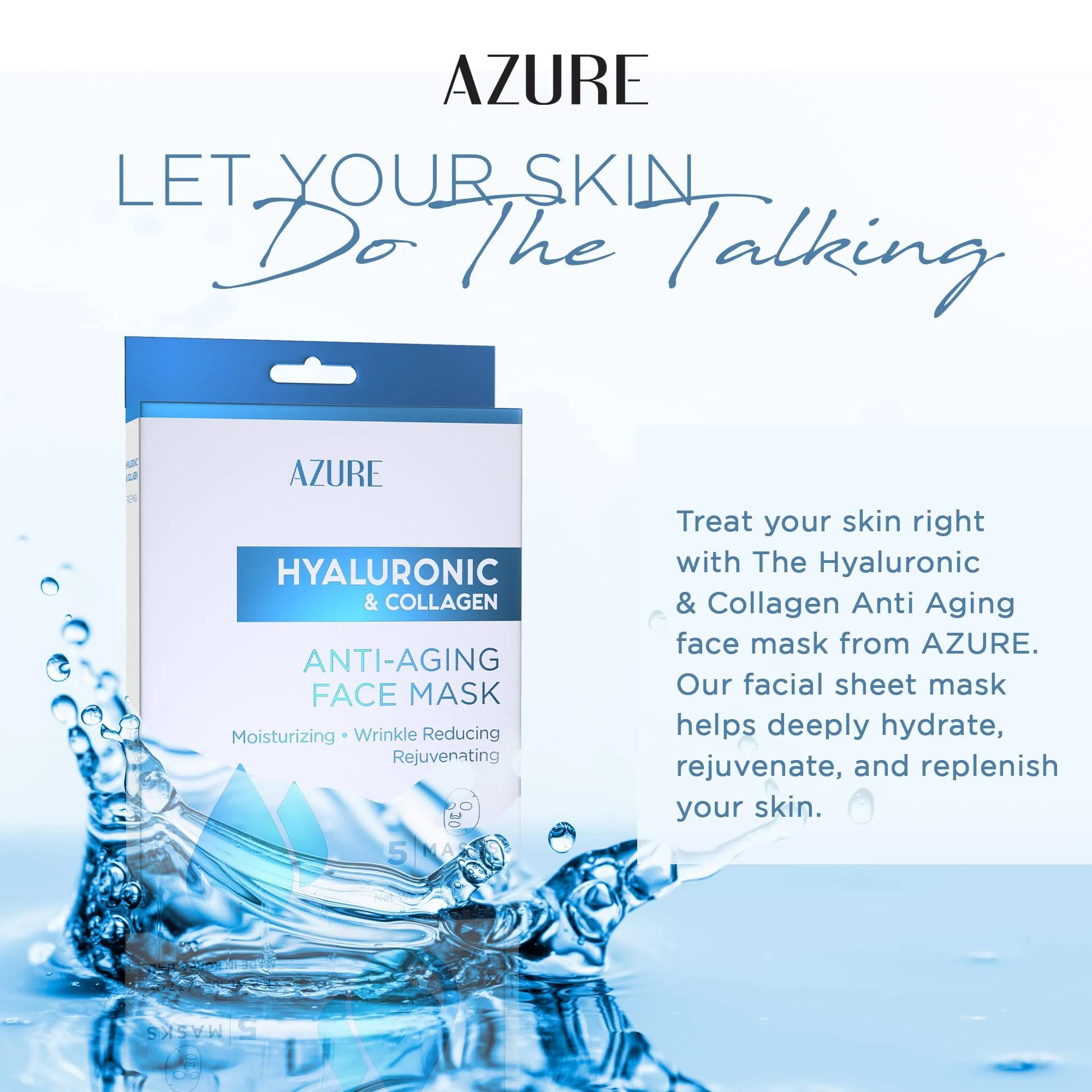 Azure Cosmetics Hyaluronic Acid & Collagen Anti Aging Sheet Facial Mask - Rejuvenating & Moisturizing Face - Helps Reduce Fine Lines & Wrinkles, Tightens & Smooths - Made in Korea - Pack of 5 - Image 4