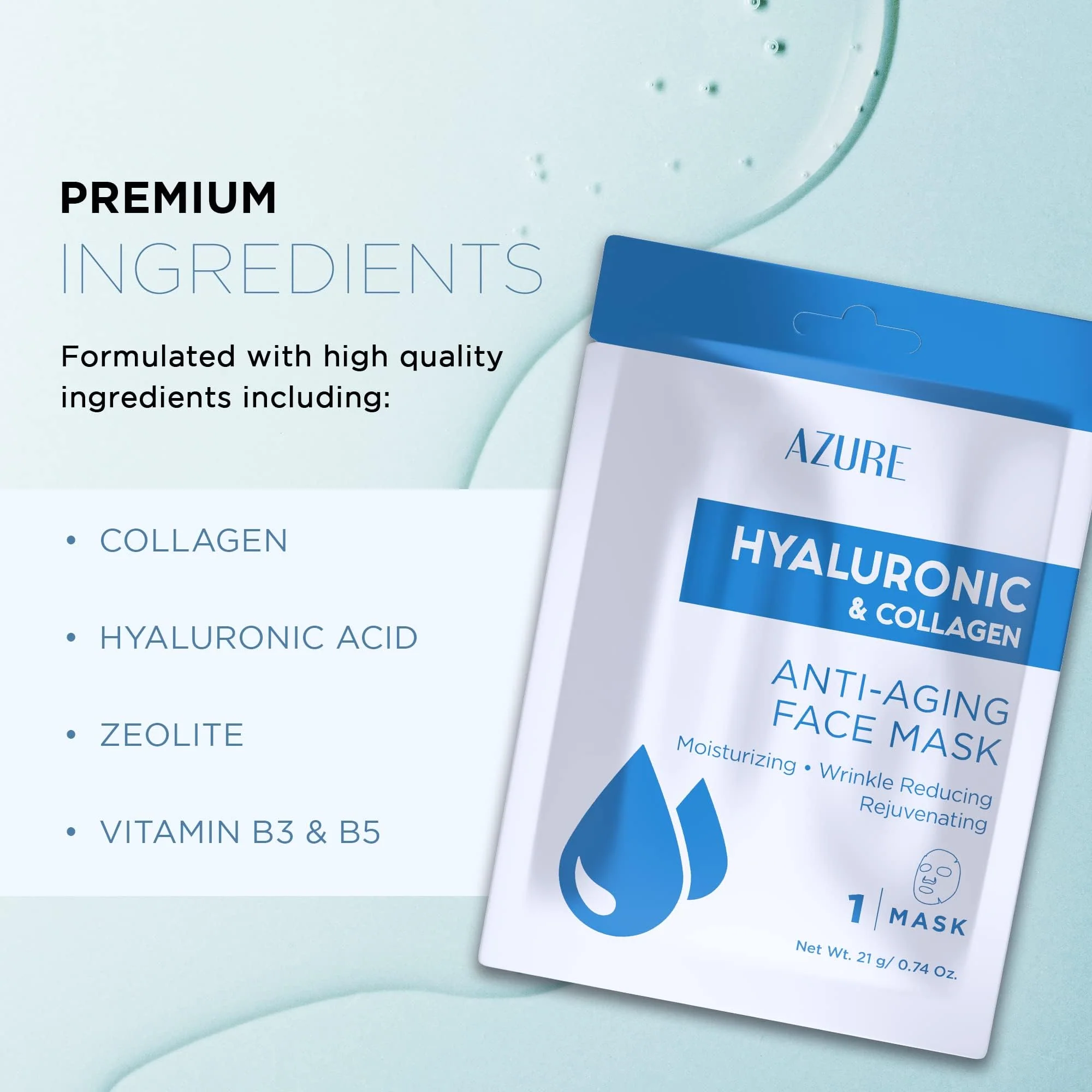 Azure Cosmetics Hyaluronic Acid & Collagen Anti Aging Sheet Facial Mask - Rejuvenating & Moisturizing Face - Helps Reduce Fine Lines & Wrinkles, Tightens & Smooths - Made in Korea - Pack of 5 - Image 5