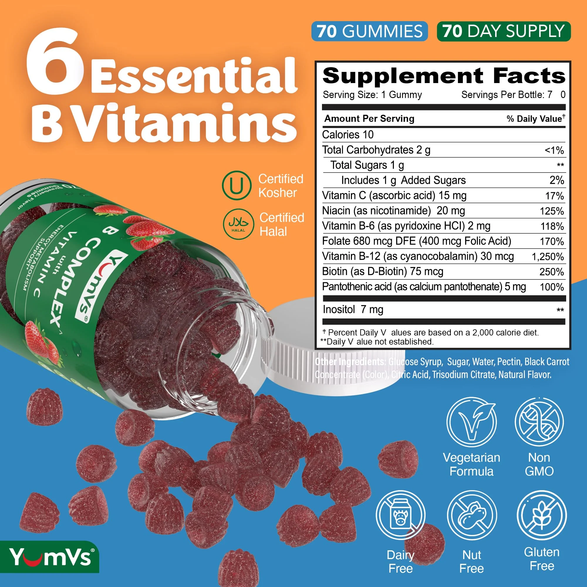 B Complex Gummies with Vitamin C – Great Tasting 1 a Day Energy & Nervous System Support for Adults – Vegan, Kosher, Non-GMO Vitamin B Complex Gummies with B12, B6, Niacin & Folic Acid – 70 Count - Image 3