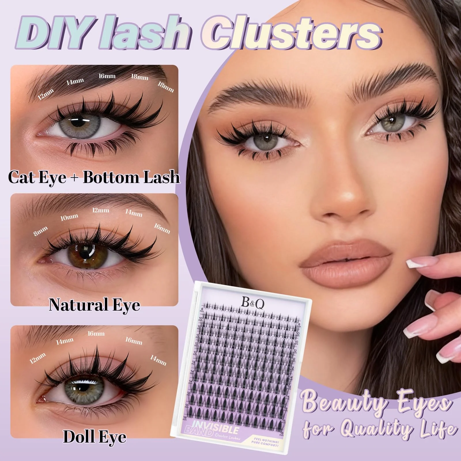 B&Q Fairy Lash Clusters Kit - DIY Lash Extension Kit at Home Beginner-Friendly Manga Lashes, 144pcs 8-18mm Wispy Clusters with 0.3mm Invisible Band & Waterproof, Salon Look for Daily Work & Parties - Image 7