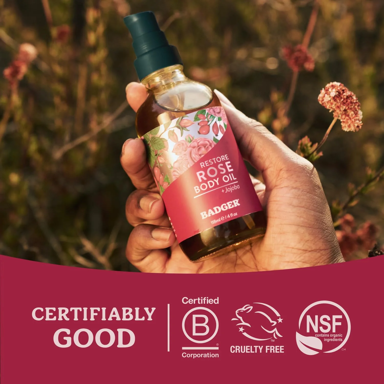 Badger Rose Body Oil, 100% Organic Rose Scented Body Oil, All Natural Body Moisturizer, Organic Jojoba & Rose Oils Soothe Dry Skin, 4 fl oz Glass Bottle - Image 2