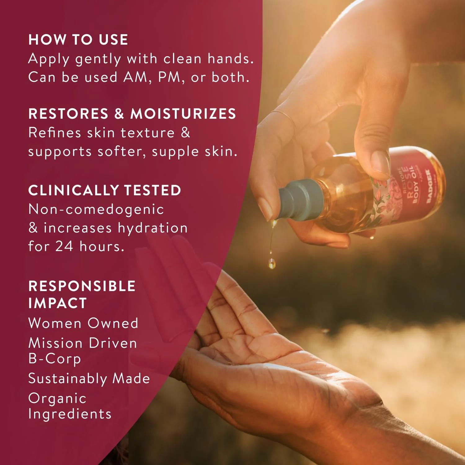 Badger Rose Body Oil, 100% Organic Rose Scented Body Oil, All Natural Body Moisturizer, Organic Jojoba & Rose Oils Soothe Dry Skin, 4 fl oz Glass Bottle - Image 5