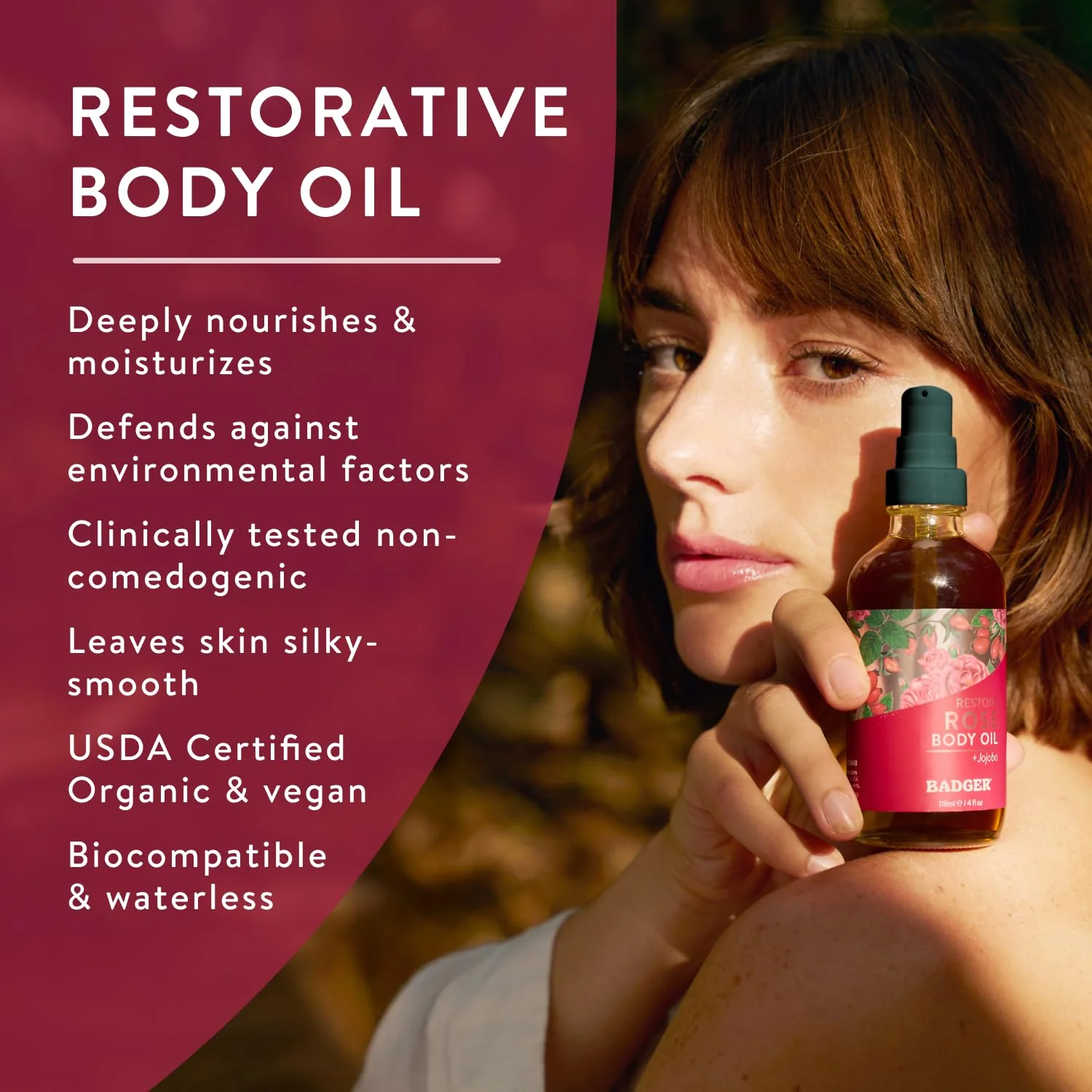 Badger Rose Body Oil, 100% Organic Rose Scented Body Oil, All Natural Body Moisturizer, Organic Jojoba & Rose Oils Soothe Dry Skin, 4 fl oz Glass Bottle - Image 8