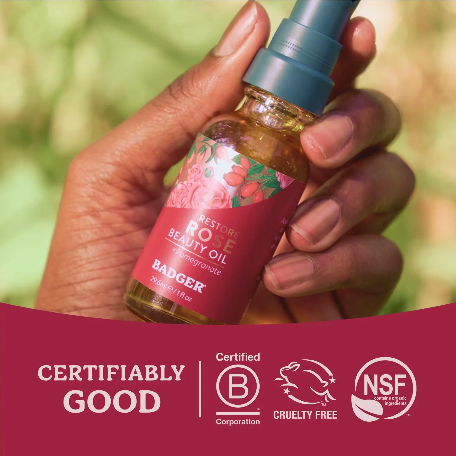 Badger Rose Face Oil, 100% Organic Face Moisturizer, Nourishing & Soothing Organic Jojoba Oil & Rose Oil, Vegan Antioxidant Rich Moisturizing Facial Oil, 1 fl oz Glass Bottle - Image 2