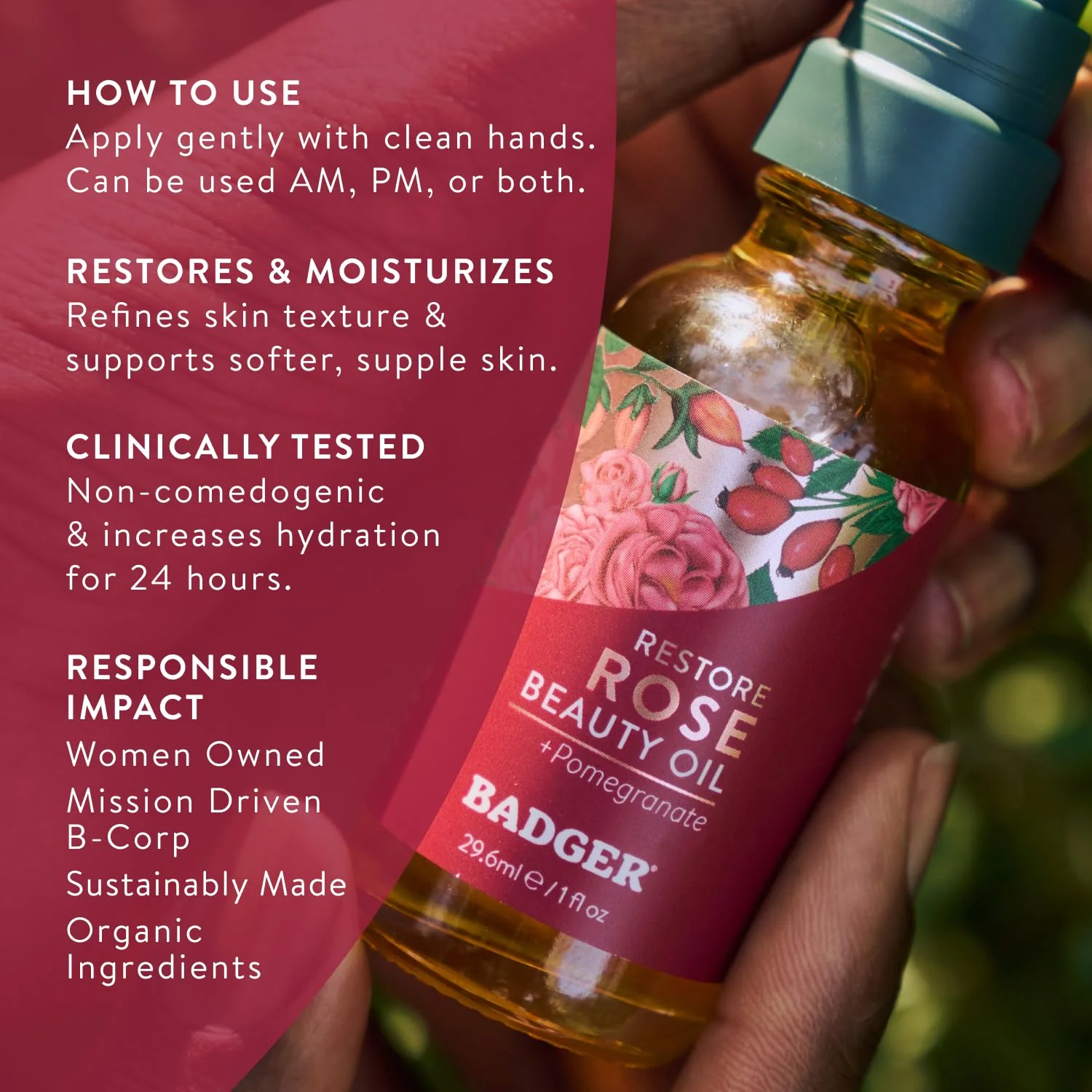 Badger Rose Face Oil, 100% Organic Face Moisturizer, Nourishing & Soothing Organic Jojoba Oil & Rose Oil, Vegan Antioxidant Rich Moisturizing Facial Oil, 1 fl oz Glass Bottle - Image 5