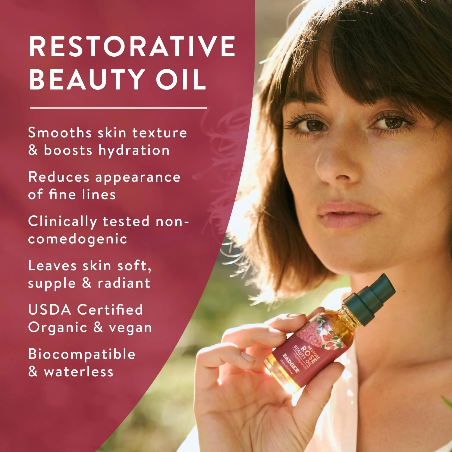 Badger Rose Face Oil, 100% Organic Face Moisturizer, Nourishing & Soothing Organic Jojoba Oil & Rose Oil, Vegan Antioxidant Rich Moisturizing Facial Oil, 1 fl oz Glass Bottle - Image 8