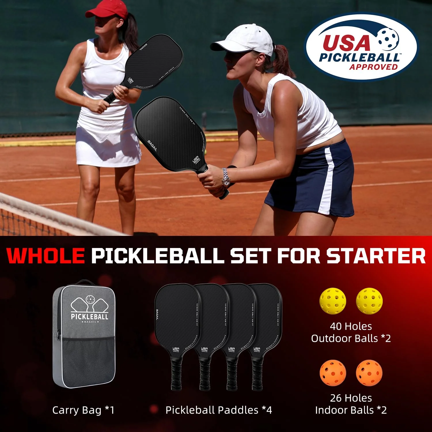BAGAIL Pickleball Paddles, USAPA Approved Fiberglass Surface Pickleball Set, Lightweight Pickle Ball Rackets with 4 Balls, 1 Bag, Designed in California for Traction and Stability - 4 Pack, Black - Image 2