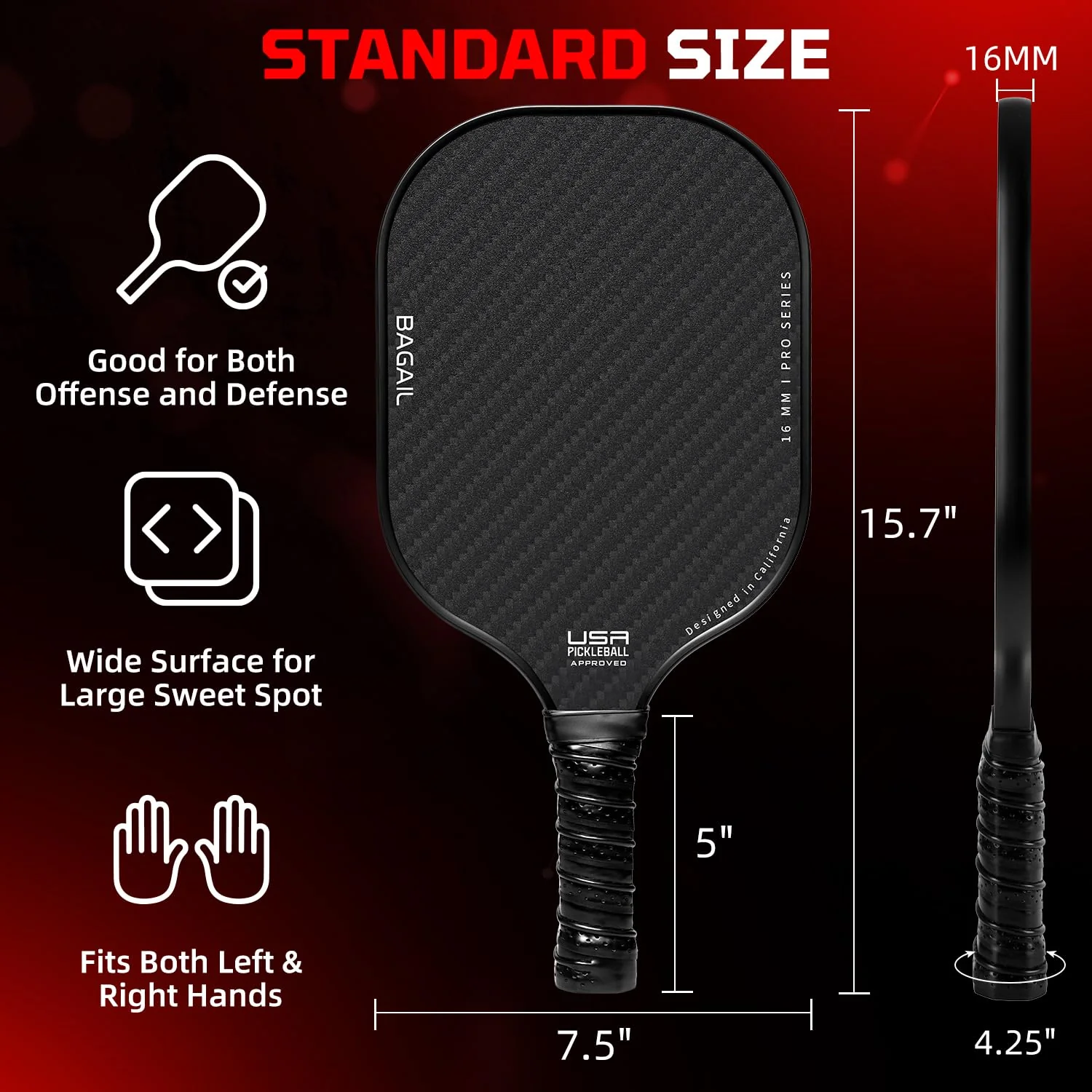 BAGAIL Pickleball Paddles, USAPA Approved Fiberglass Surface Pickleball Set, Lightweight Pickle Ball Rackets with 4 Balls, 1 Bag, Designed in California for Traction and Stability - 4 Pack, Black - Image 4