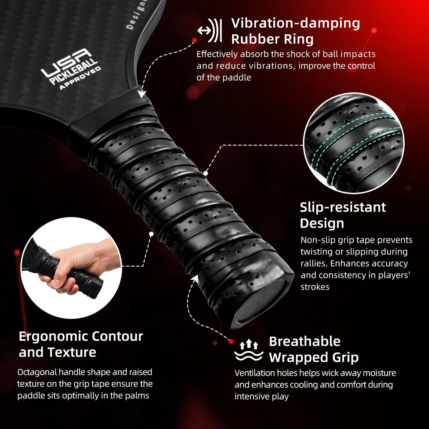 BAGAIL Pickleball Paddles, USAPA Approved Fiberglass Surface Pickleball Set, Lightweight Pickle Ball Rackets with 4 Balls, 1 Bag, Designed in California for Traction and Stability - 4 Pack, Black - Image 6