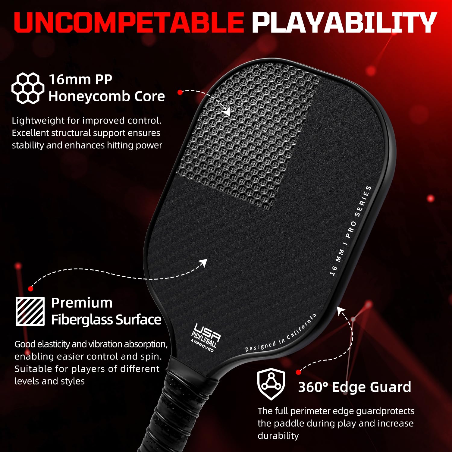 BAGAIL Pickleball Paddles, USAPA Approved Fiberglass Surface Pickleball Set, Lightweight Pickle Ball Rackets with 4 Balls, 1 Bag, Designed in California for Traction and Stability - 4 Pack, Black - Image 7