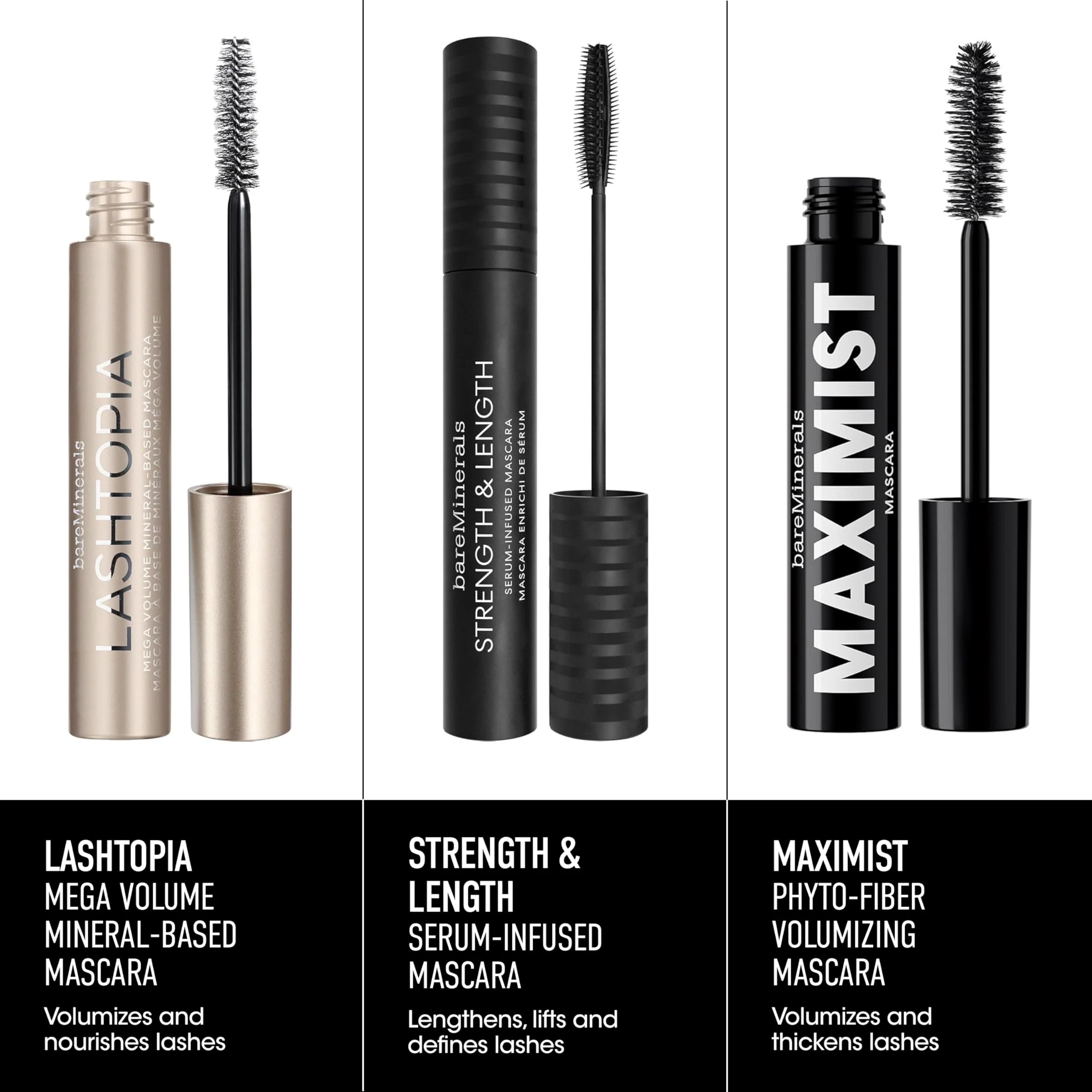 bareMinerals Lashtopia Mega Volume Mineral-Based Black Mascara, 10X More Volume, Whipped Mousse-Like Formula, Fanned-Out Fullness, Nourishes & Conditions Lashes, Clump- & Flake-Resistant, Vegan - Image 2