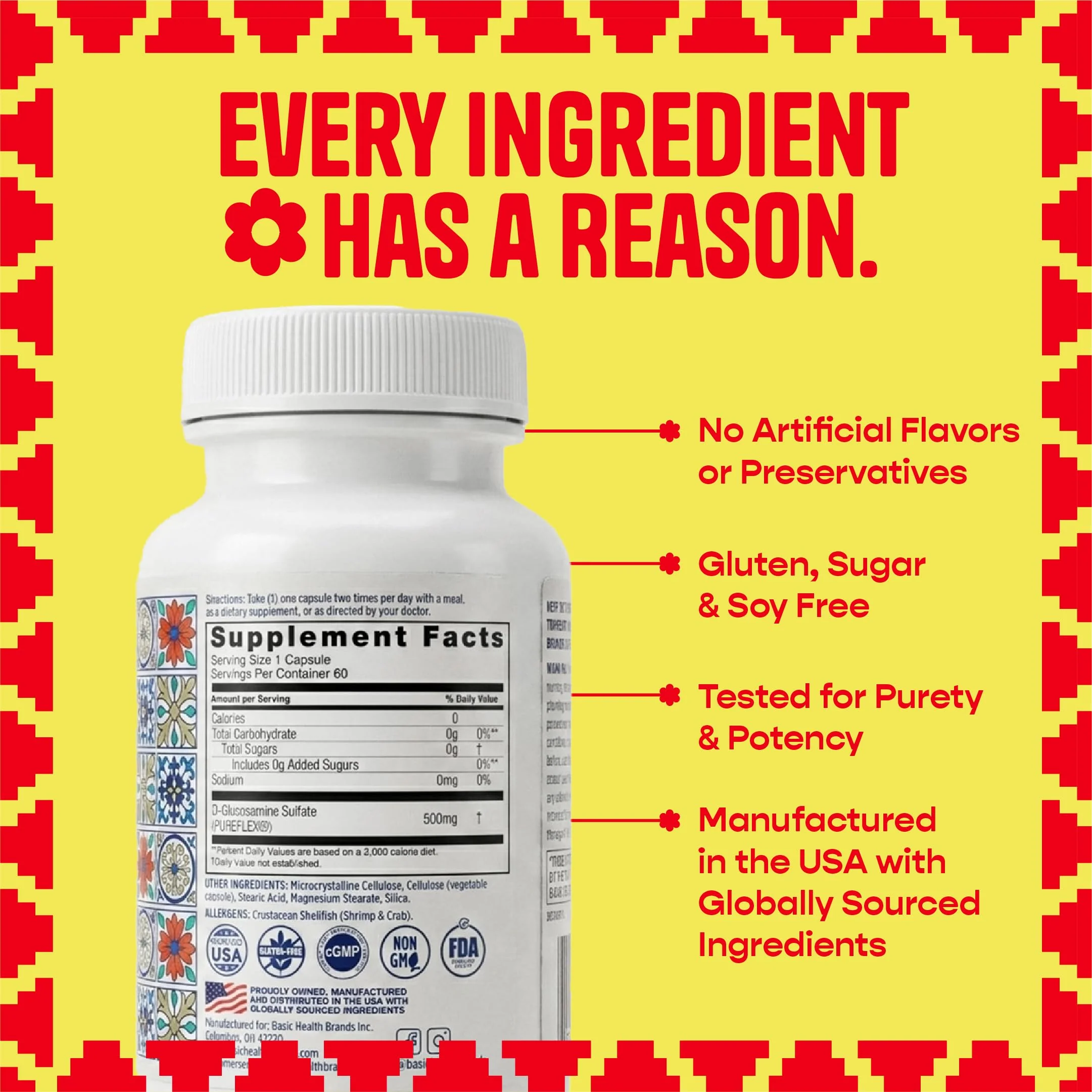 Basic Brands Pura Salud Pureflex Glucosamine Sulfate 500mg â€“ Joints, Vision & Bones Support â€“ Promotes Flexibility, Comfort & Mobility â€“ 60 Capsules, Gluten-Free, Made in USA - Image 4