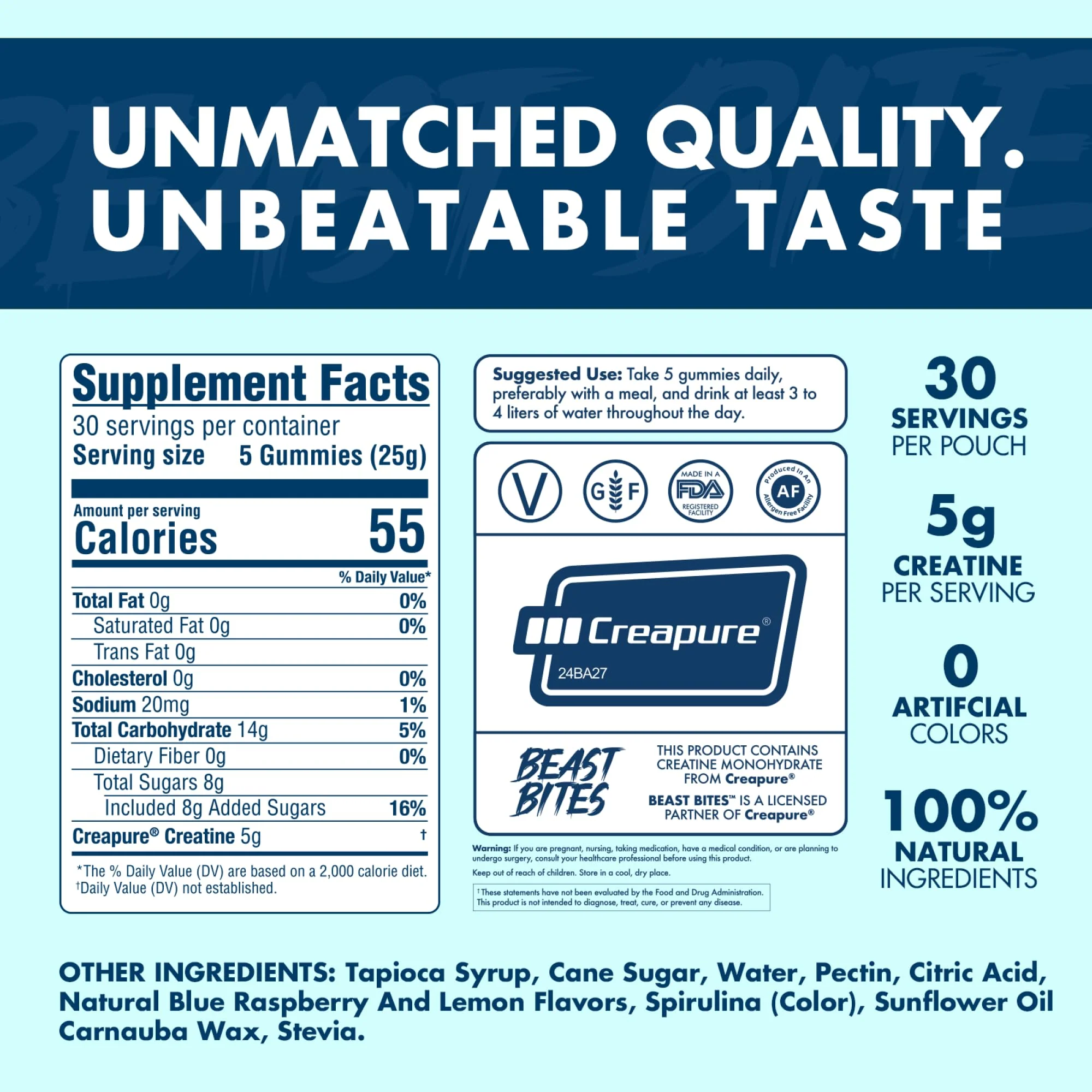 BEAST BITES - Creatine Infused Gummies - 5g Creapure Creatine Monohydrate Per Serving - NSF Certified for Sport - 30 Servings (Blue Raspberry) - Image 2