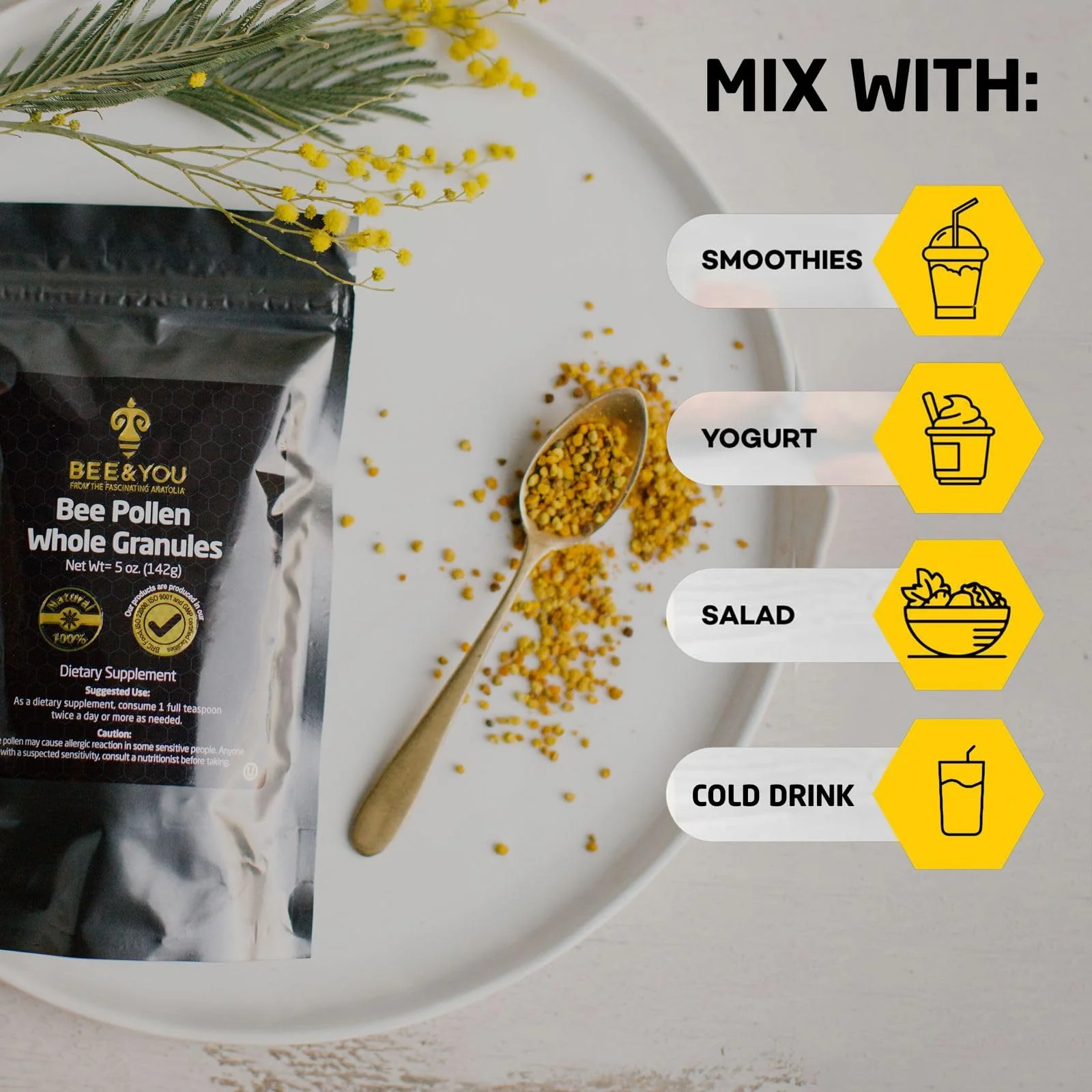 BEE and You Bee Pollen Granules, 5oz Bag, 100% Pure, Natural Supplement, Antioxidants, Proteins, Vitamins, Amino Acids, for Adults, Women, Men - Image 6