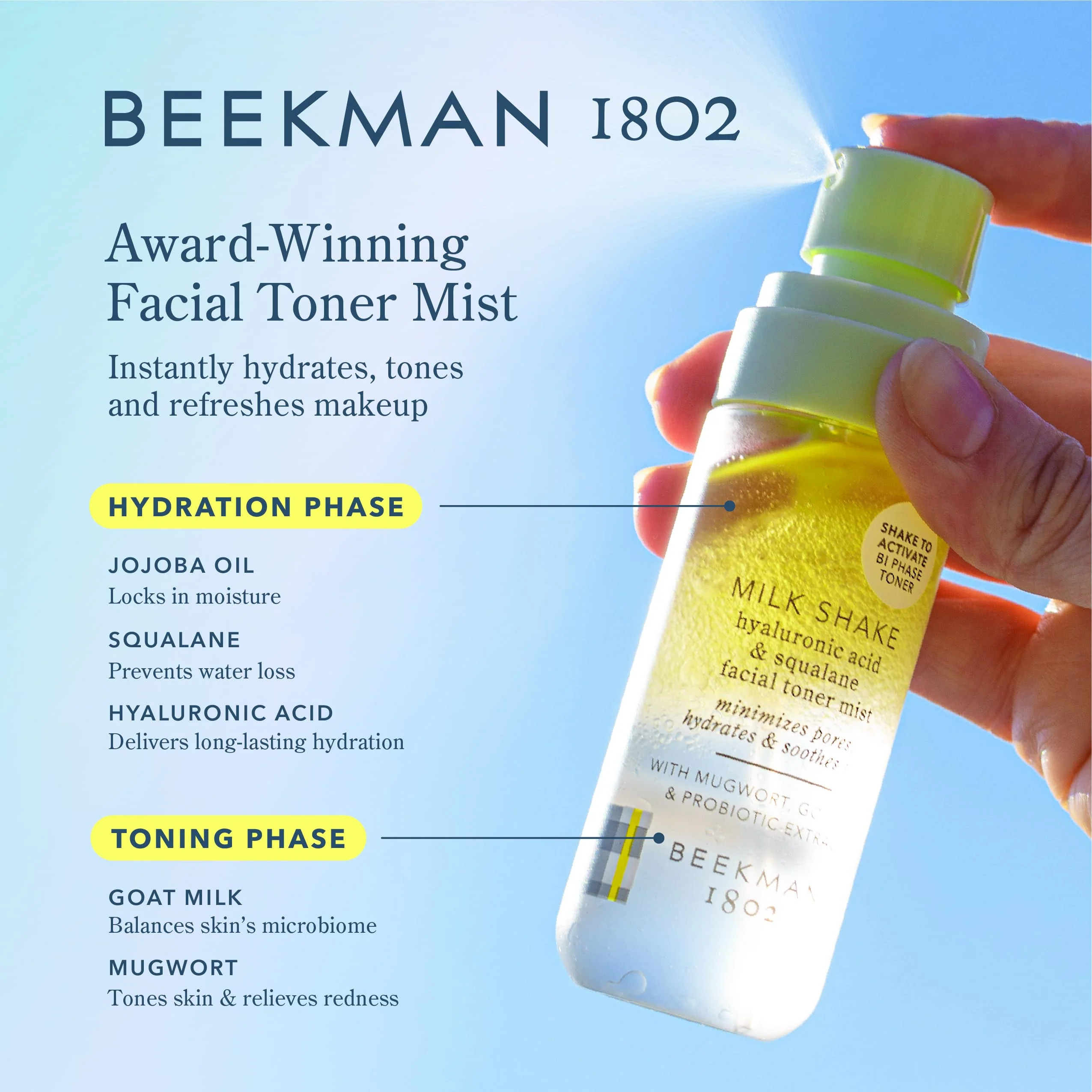 Beekman 1802 Milk Shake Hydrating Face Mist – Setting Spray & Milky Toner with Hyaluronic Acid & Squalane – Facial Toner & Face Spray – Lightweight Hydration, Minimizes Pores, Travel Size - Image 8