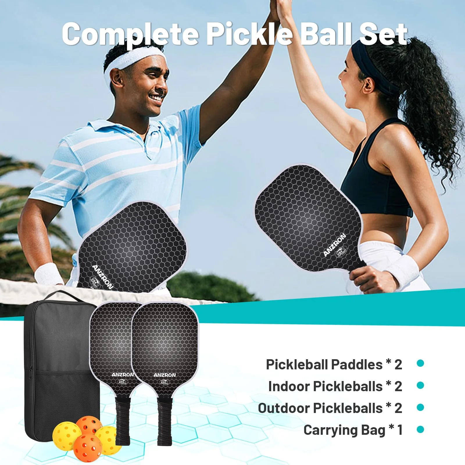 Beginner Pickleball Paddles Set of 2, 0.63” Fiberglass Pickleball Rackets with 4 Balls & Carry Bag, Lightweight Paddle Set for Men, Women & Youth - Image 2
