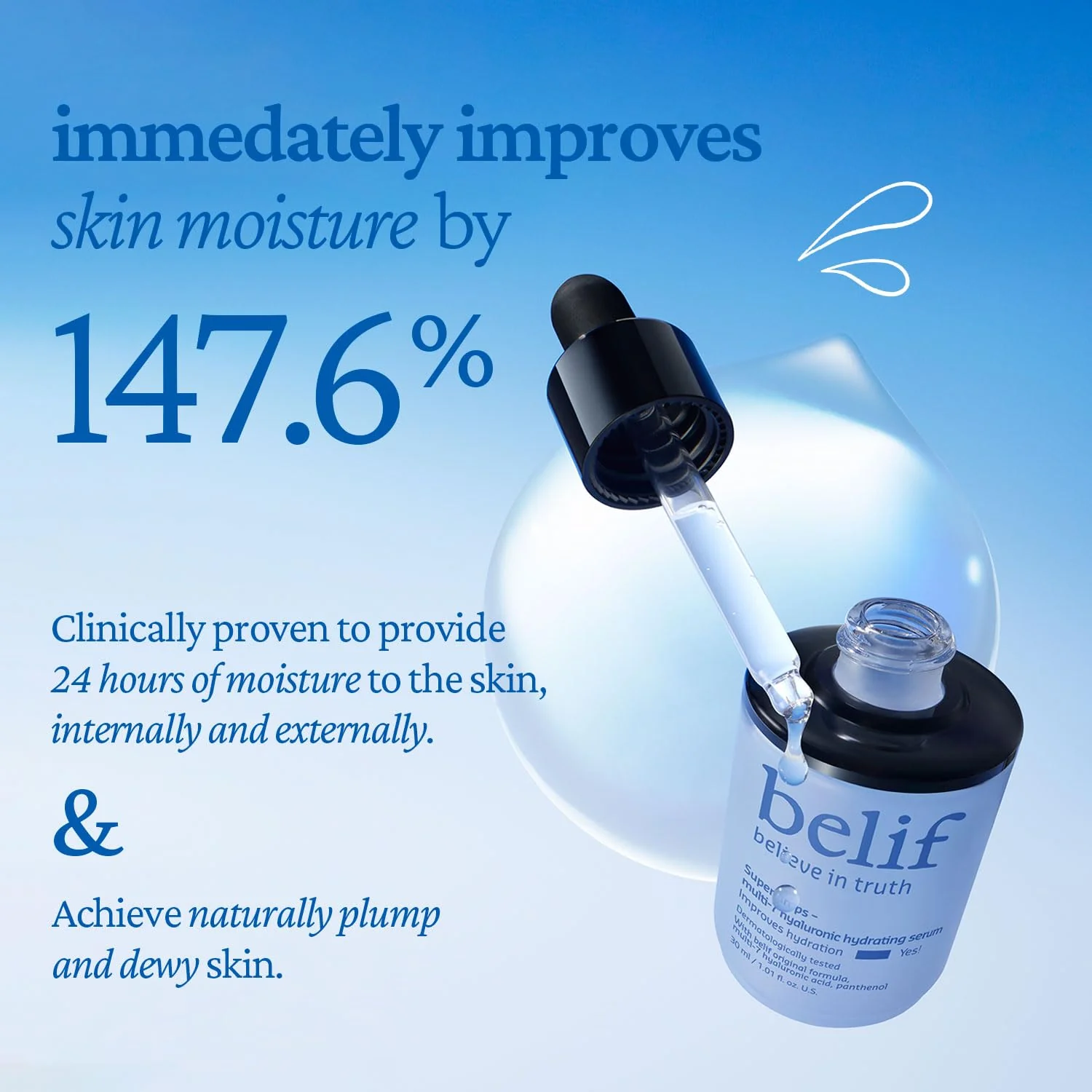 belif Super Drops Multi-7 Hyaluronic Hydrating Serum - 24-hr Moisturization, Hyaluronic Acid, Panthenol, Lightweight Daily Essence | Korean Skincare (1.01 fl. oz) - Image 6
