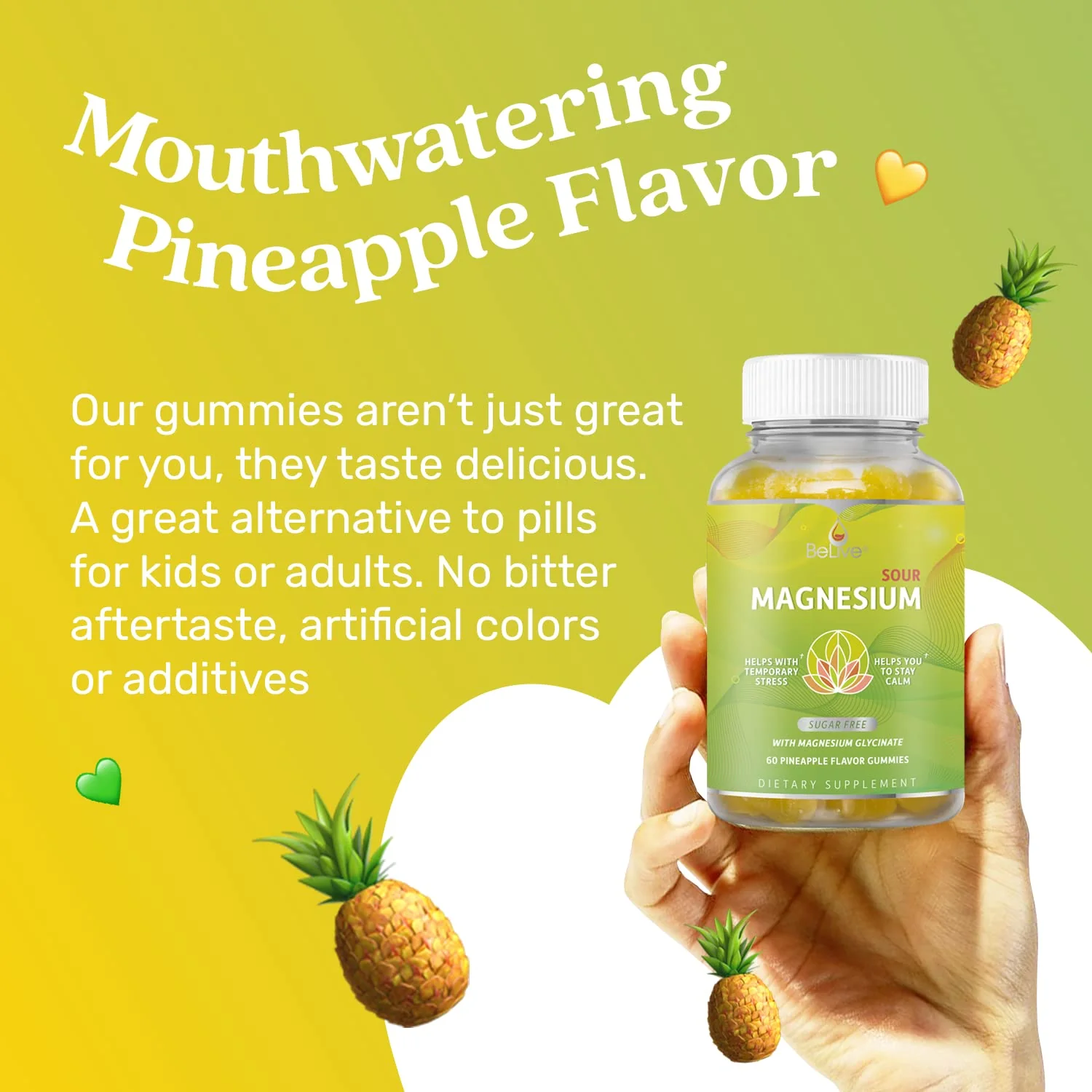 BeLive Magnesium Gummies 200mg - 60 Ct | Magnesium Glycinate Supplements for Relaxation, Stress Relief, and Sleep for Adults & Kids - Tasty and Tangy Pineapple Flavor - Image 5