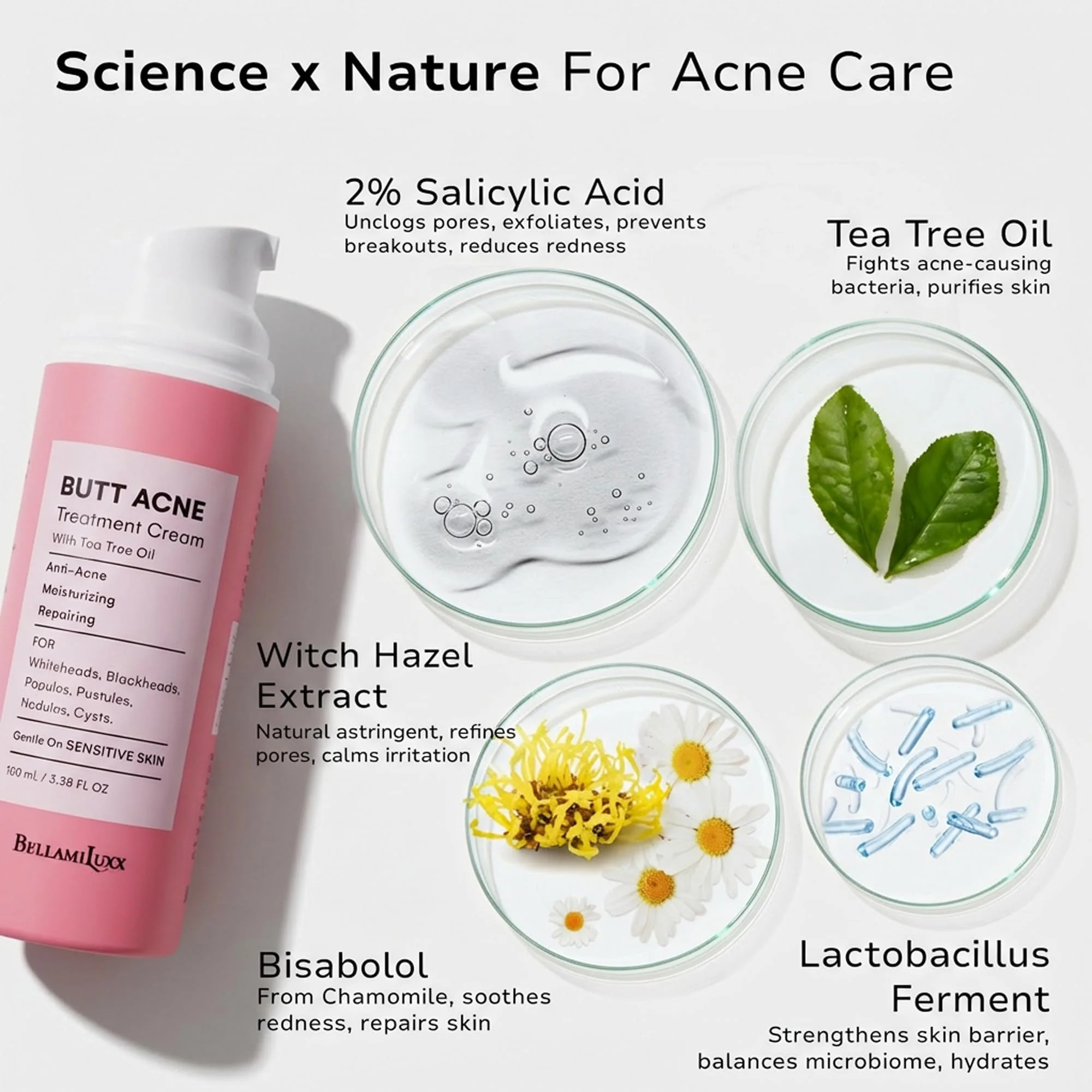BellamiLuxx Butt Acne Clearing Treatment Cream: Body Acne Treatment for Folliculitis and Pimples on Buttocks, Thighs, and Body with 2% Salicylic Acid & Tea Tree Oil - Butt Cream for Smooth Skin - Image 5