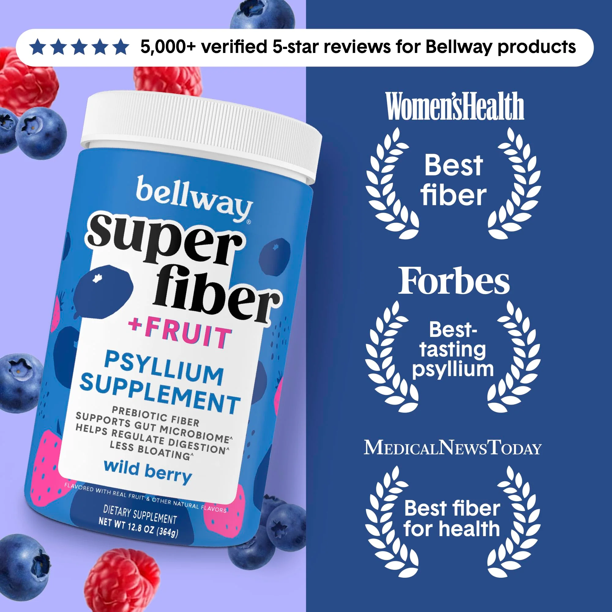Bellway Super Fiber Powder + Fruit, Sugar Free Organic Psyllium Husk Powder Fiber Supplement for Regularity, Bloating Relief & Digestive Health, Plant-Based, Wild Berry (50 Servings) - Image 2