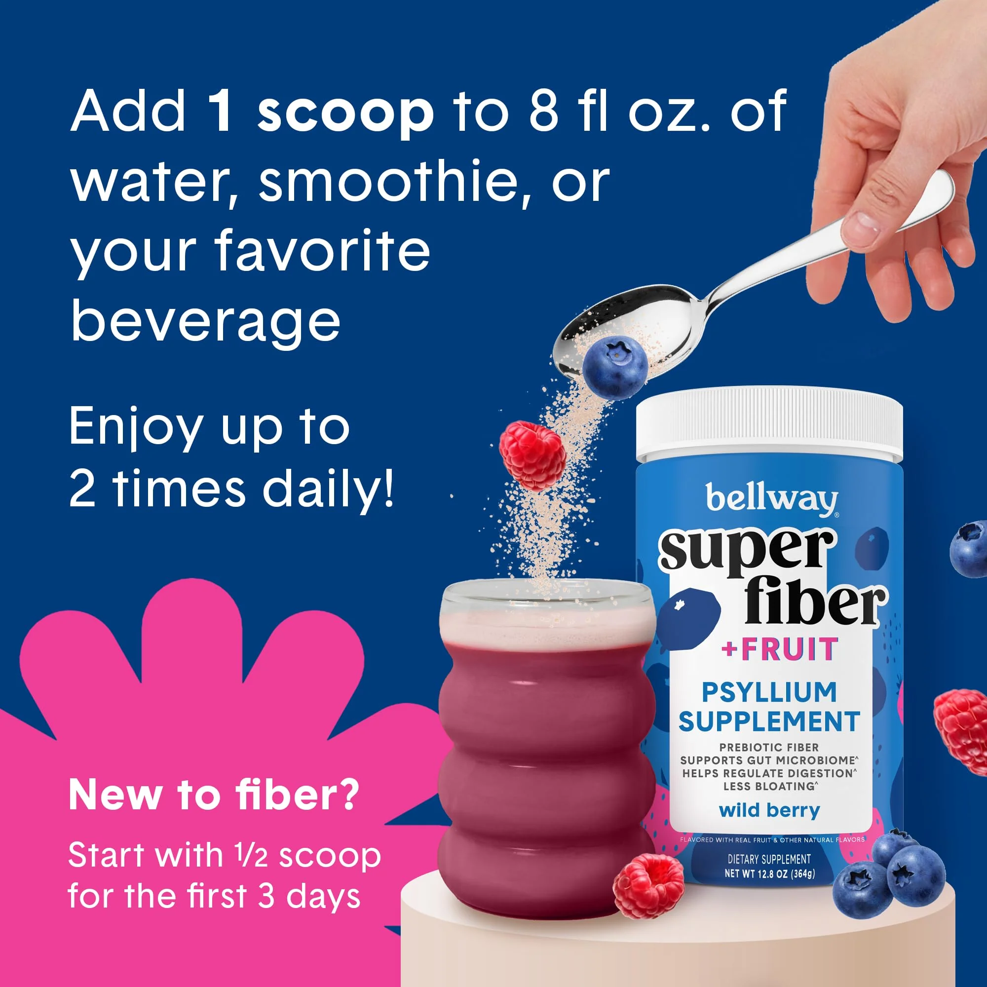 Bellway Super Fiber Powder + Fruit, Sugar Free Organic Psyllium Husk Powder Fiber Supplement for Regularity, Bloating Relief & Digestive Health, Plant-Based, Wild Berry (50 Servings) - Image 7