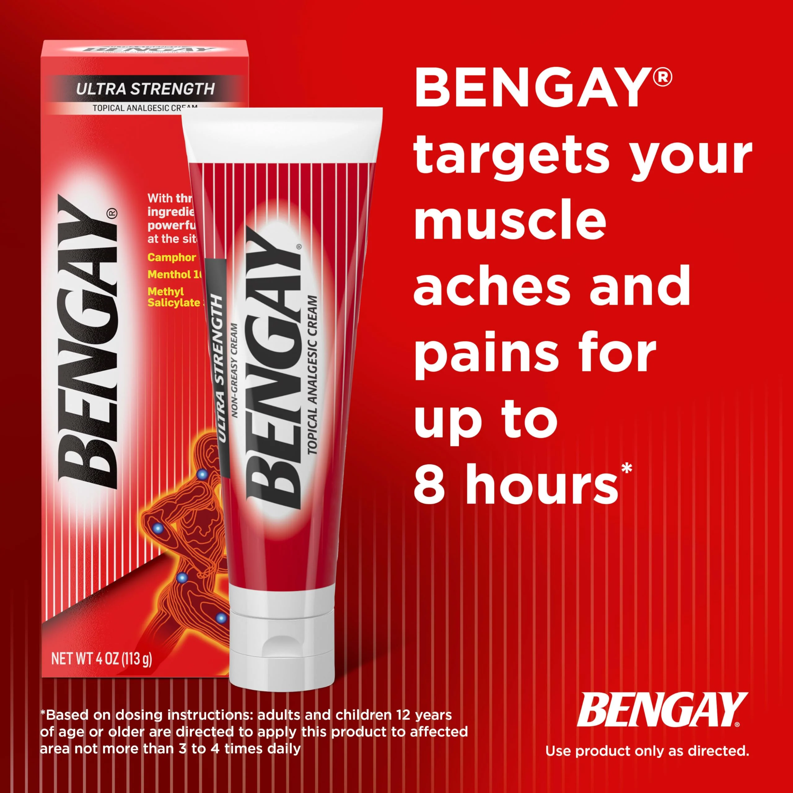 Bengay Ultra Strength Topical Pain Relief Cream, Non-Greasy Topical Analgesic for Minor Arthritis, Muscle, Joint and Back Pain, Camphor, Menthol and Methyl Salicylate, 4 OZ - Image 10