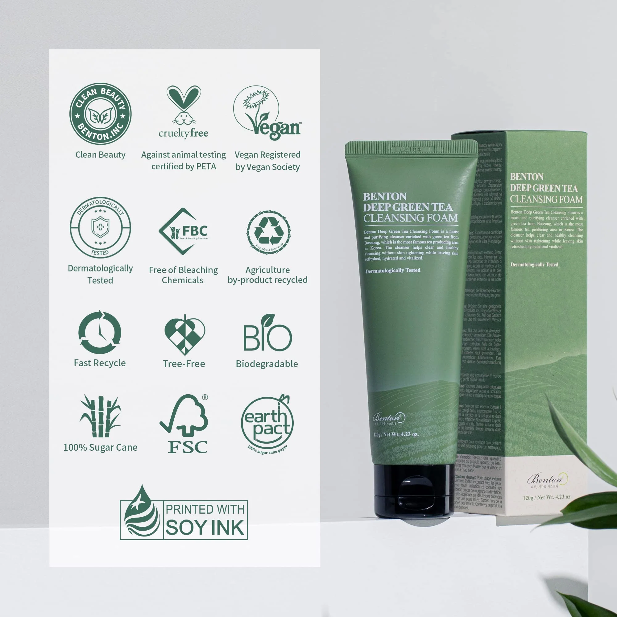 BENTON Deep Green Tea Natural Face Wash (4.23 oz.) - Hydrating and Gentle Facial Cleanser for Various Skin types, Korean Foaming Facial Cleanser - Image 2