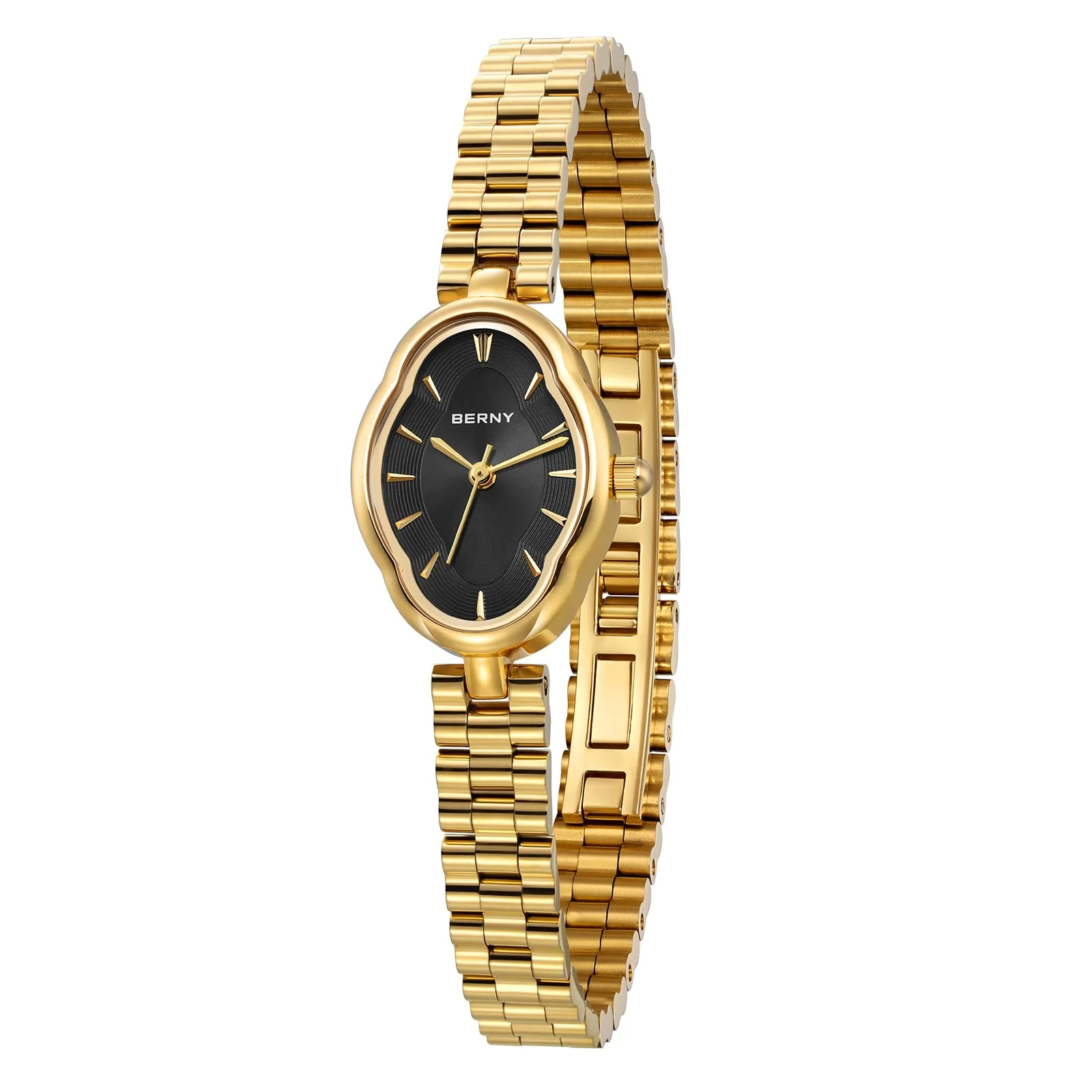 BERNY Gold Watches for Women Dainty Ladies Quartz Watch Vintage Copper Mirrors Shape Japanese Quartz Movement 3ATM Waterproof Fashion Female Wrist Watch Luxury Birthday Gifts-Black Dial