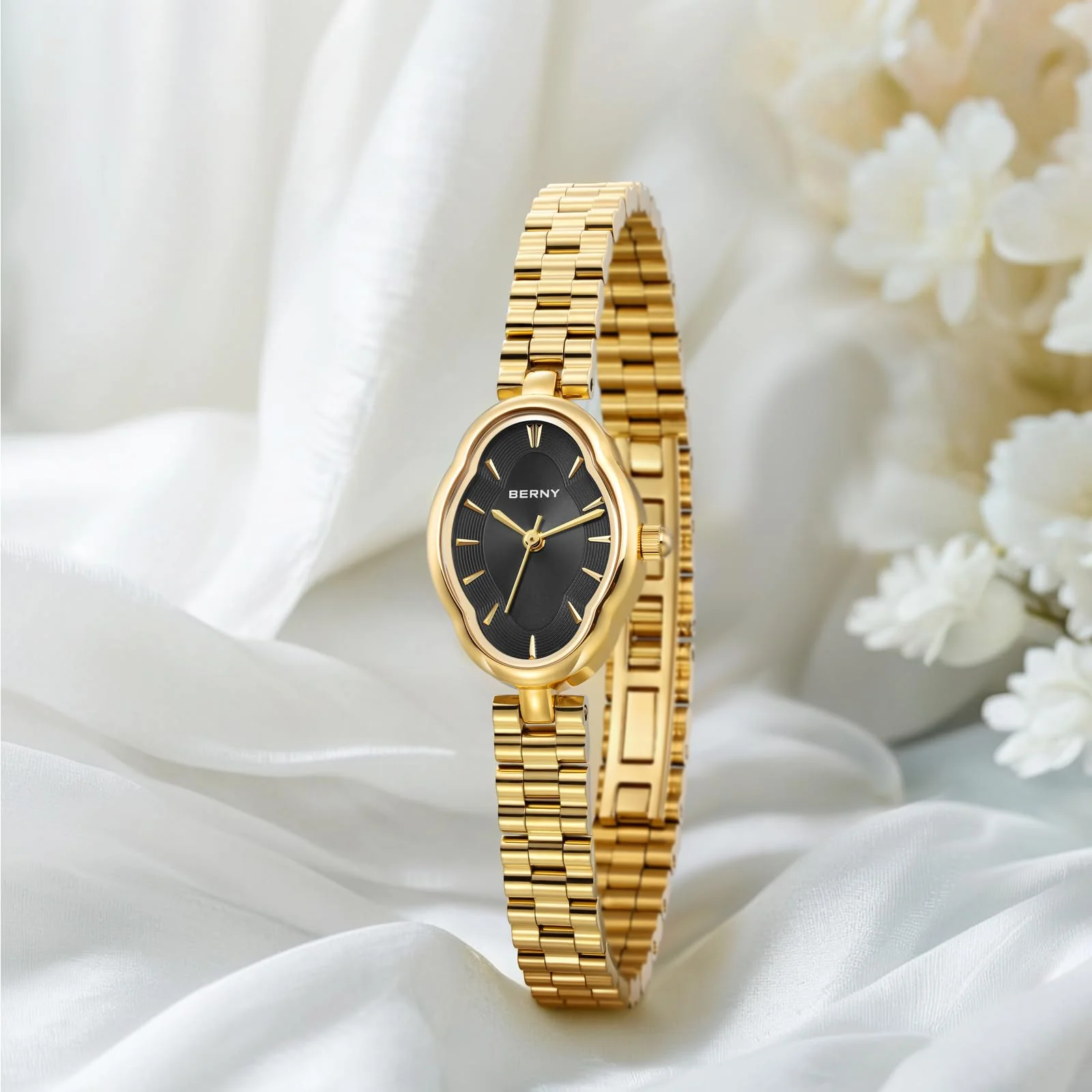 BERNY Gold Watches for Women Dainty Ladies Quartz Watch Vintage Copper Mirrors Shape Japanese Quartz Movement 3ATM Waterproof Fashion Female Wrist Watch Luxury Birthday Gifts-Black Dial - Image 3