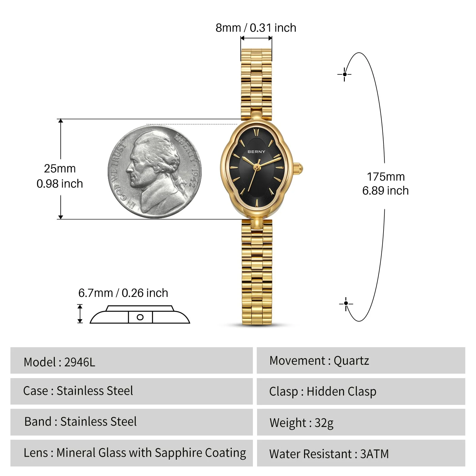 BERNY Gold Watches for Women Dainty Ladies Quartz Watch Vintage Copper Mirrors Shape Japanese Quartz Movement 3ATM Waterproof Fashion Female Wrist Watch Luxury Birthday Gifts-Black Dial - Image 4