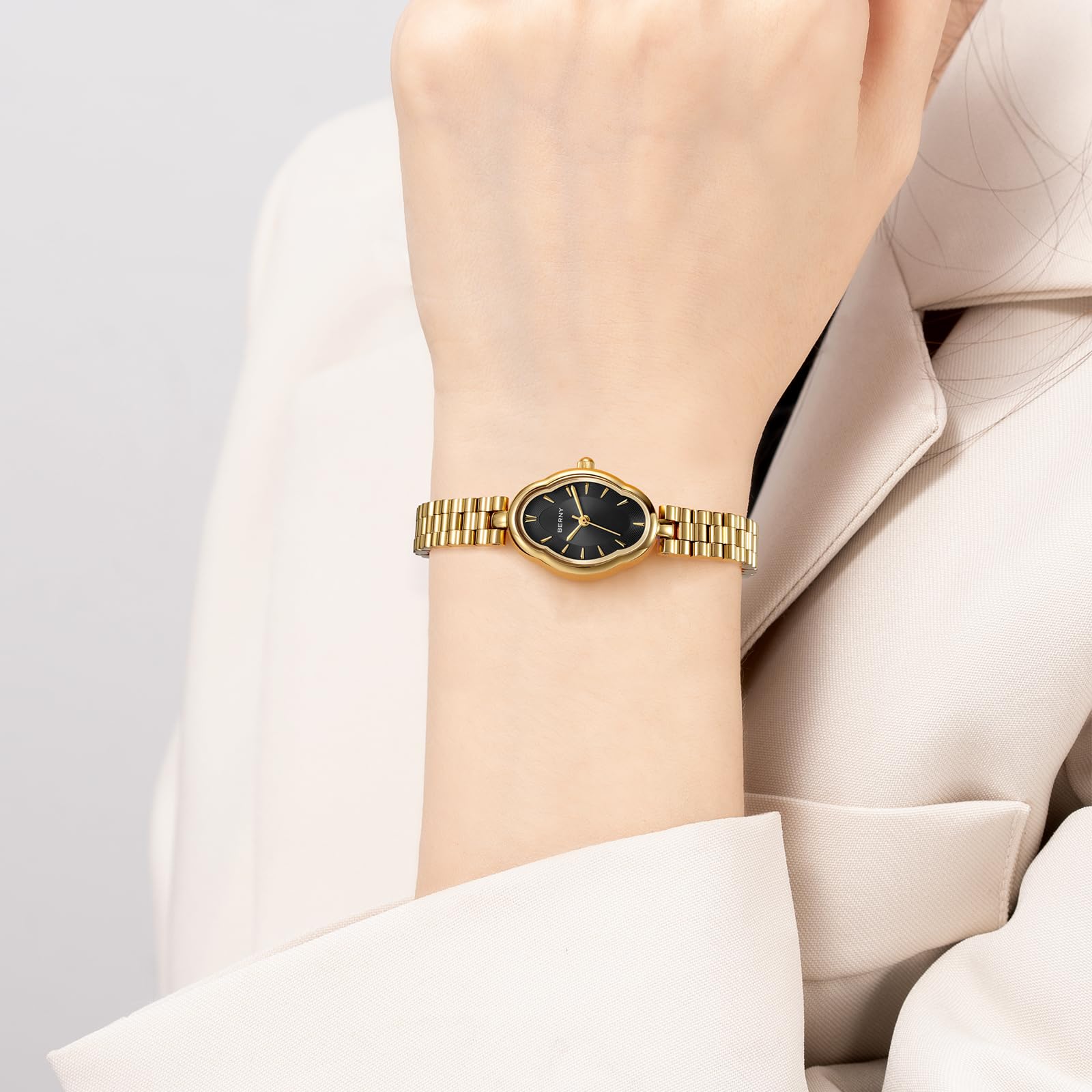 BERNY Gold Watches for Women Dainty Ladies Quartz Watch Vintage Copper Mirrors Shape Japanese Quartz Movement 3ATM Waterproof Fashion Female Wrist Watch Luxury Birthday Gifts-Black Dial - Image 5