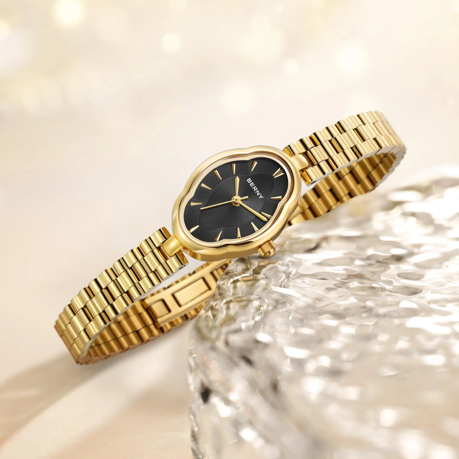 BERNY Gold Watches for Women Dainty Ladies Quartz Watch Vintage Copper Mirrors Shape Japanese Quartz Movement 3ATM Waterproof Fashion Female Wrist Watch Luxury Birthday Gifts-Black Dial - Image 6