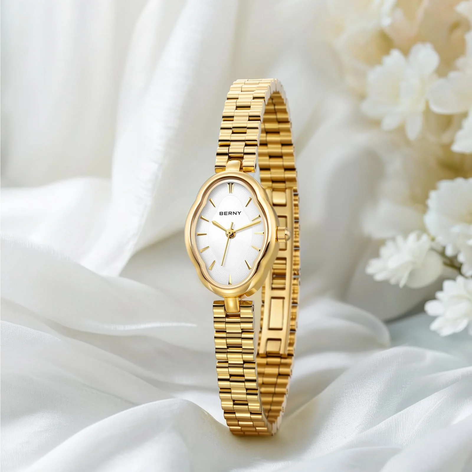 BERNY Gold Watches for Women Dainty Ladies Quartz Watch Vintage Copper Mirrors Shape Japanese Quartz Movement 3ATM Waterproof Fashion Female Wrist Watch Luxury Birthday Gifts-White Dial - Image 3